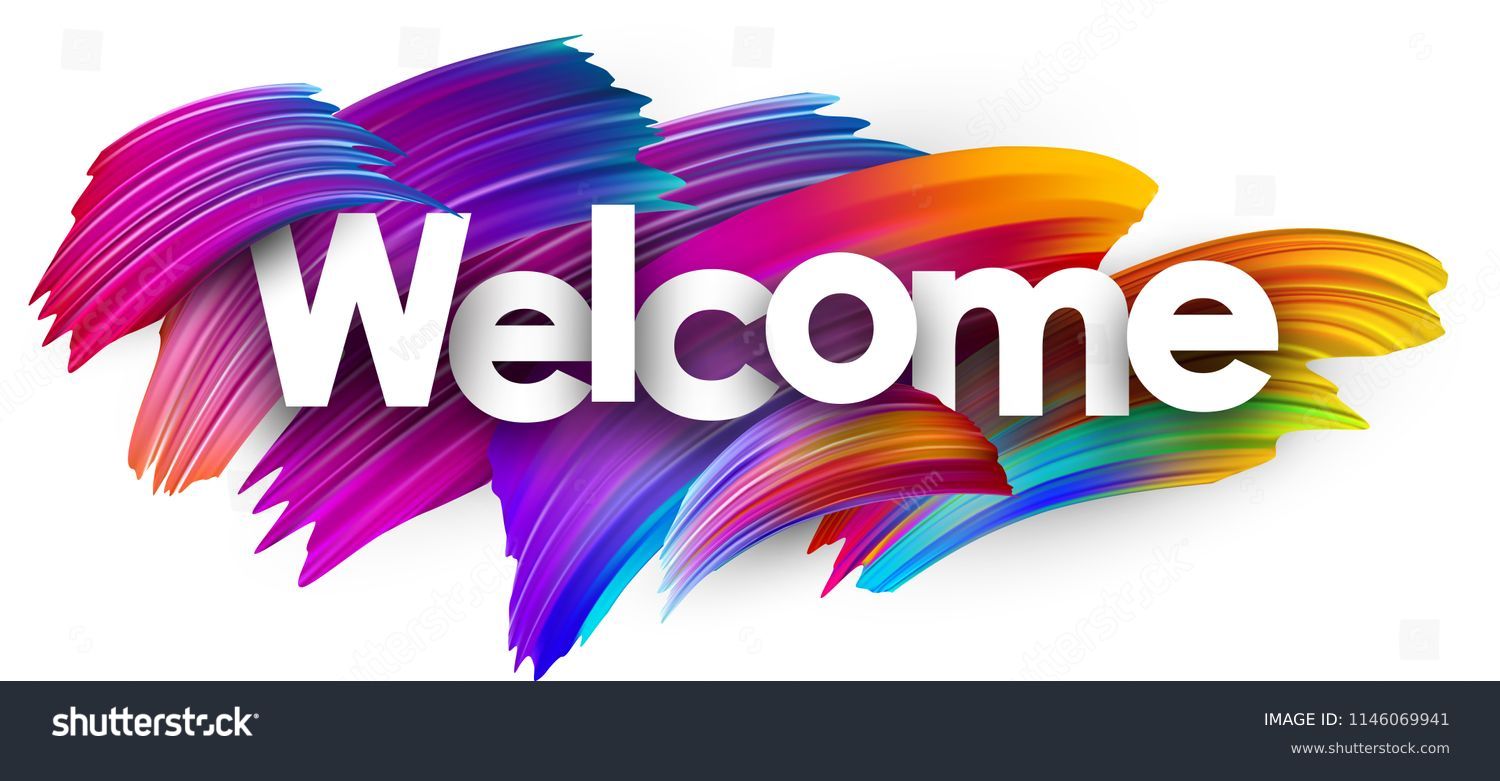 Welcome poster with spectrum brush strokes on white background. Colorful gradient brush design. Vector paper illustration.
 #1146069941