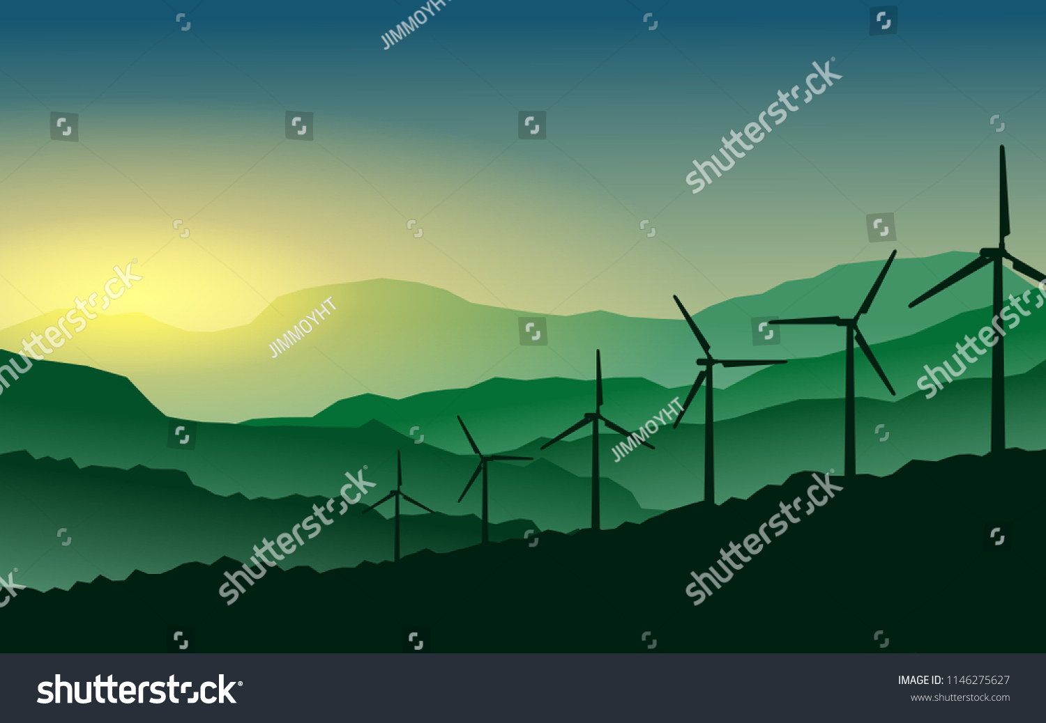 Green energy concept - Silhouette of landscape view of wind power turbine among mountain hill with sky in the early morning and copy space for text in the sky #1146275627