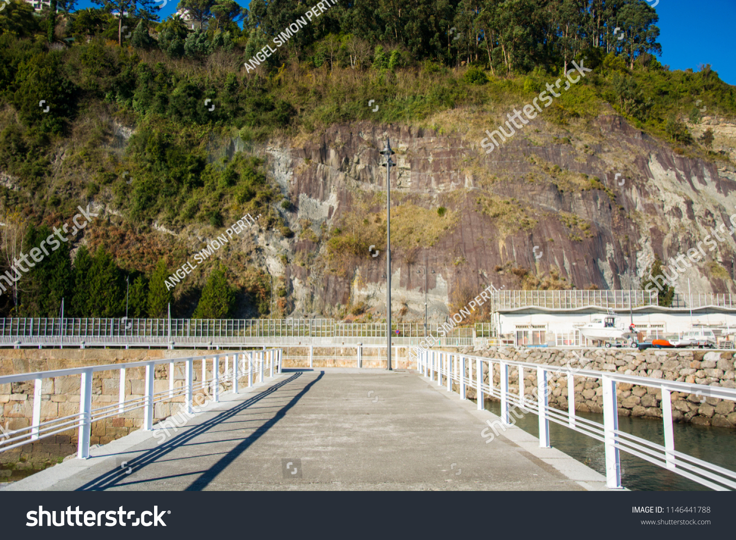 Photo of a cliff with vegetation, white railing and sunlight #1146441788