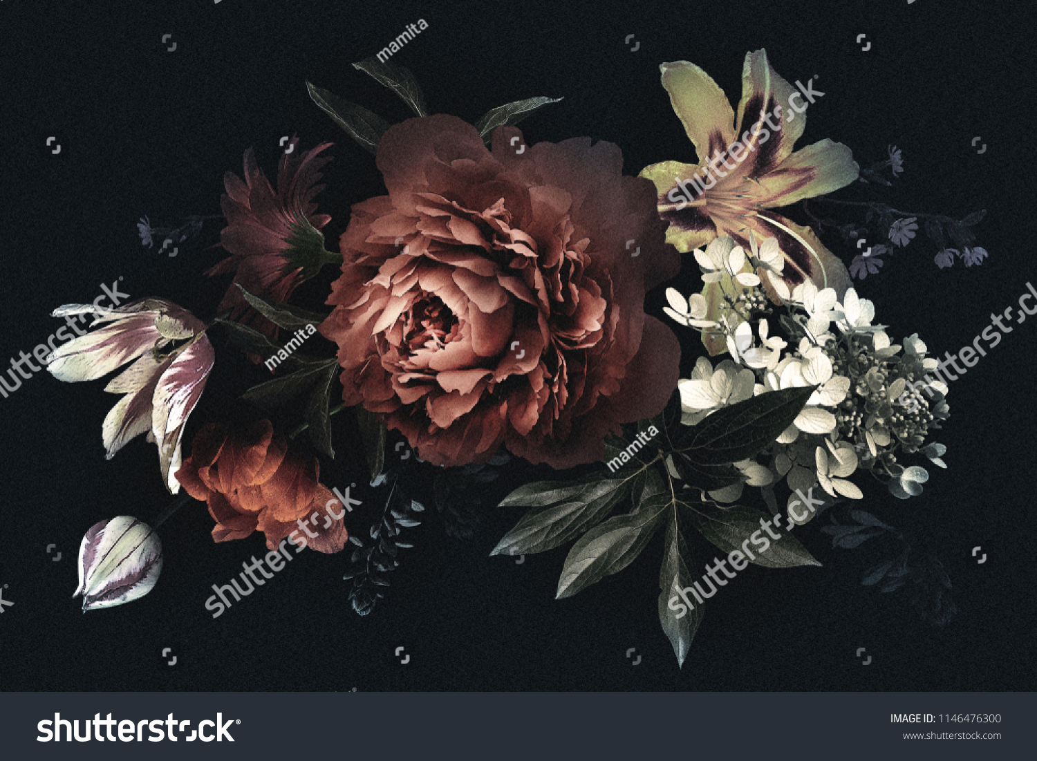 Floral vintage card with flowers. Peonies, tulips, lily, hydrangea on black background.  Template for design of wedding invitations, holiday greetings, business card, decoration packaging #1146476300