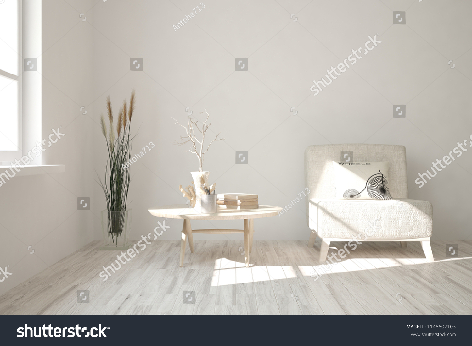 White modern room with armchair. Scandinavian interior design. 3D illustration #1146607103