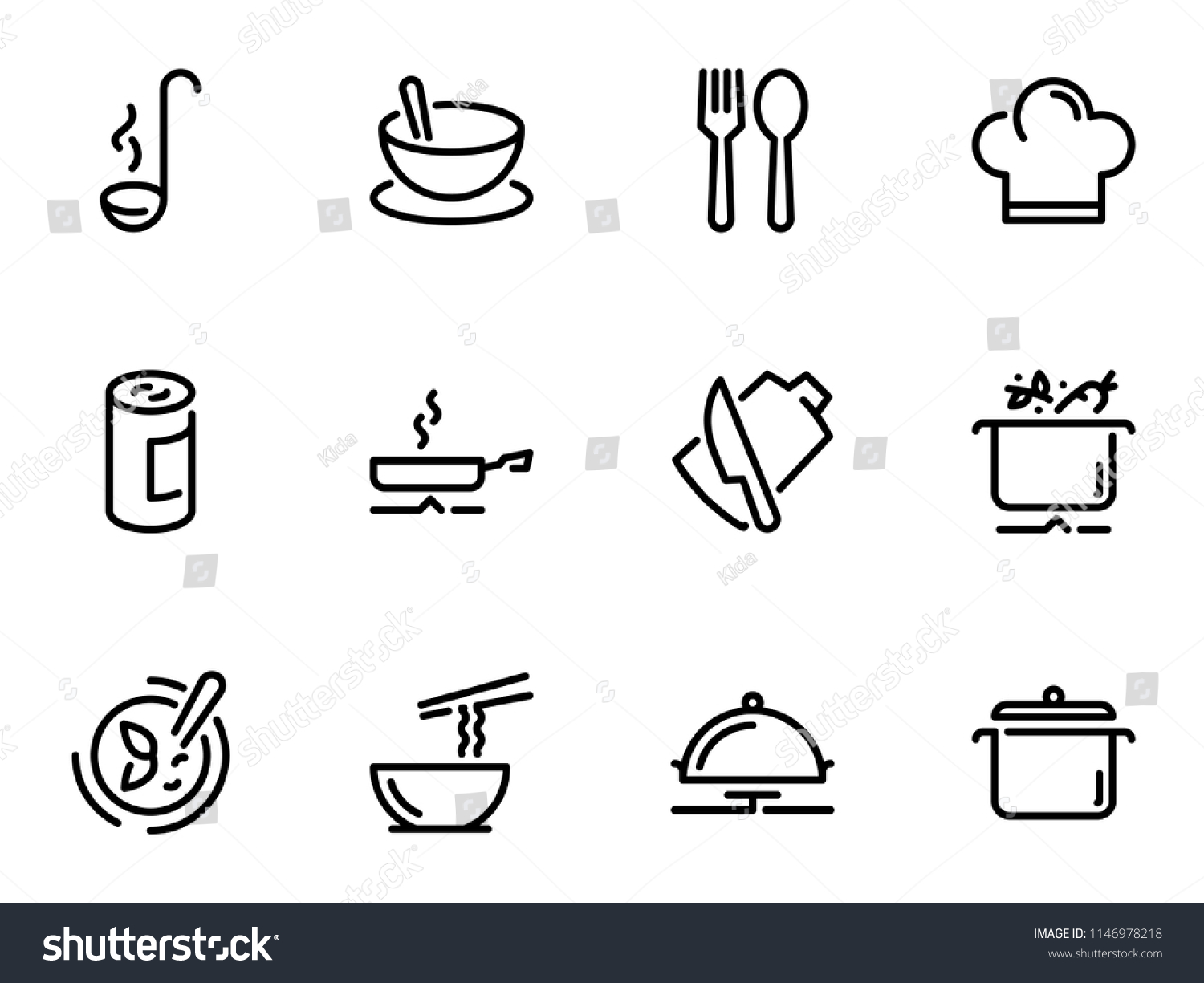 Set of black vector icons, isolated on white background, on theme Preparation of ingredients for cooking soup, hat, knife, fork, chef, cup. Line, outline, stroke #1146978218