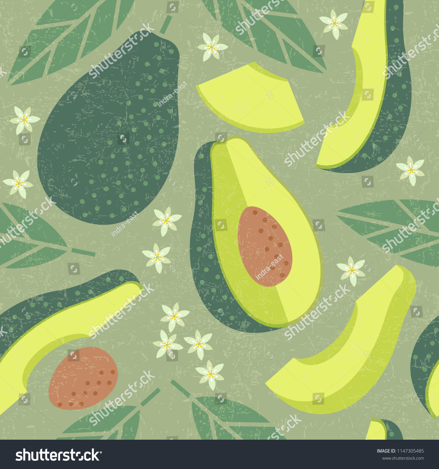 Avocado seamless pattern. Whole and sliced avocado with leaves and flowers on shabby background. Original simple flat illustration. Shabby style. #1147305485