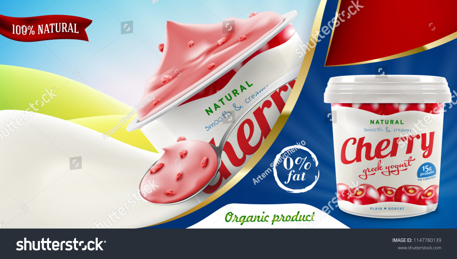 Natural cherry Greek Yogurt ads flyer with spoon - Royalty Free Stock ...