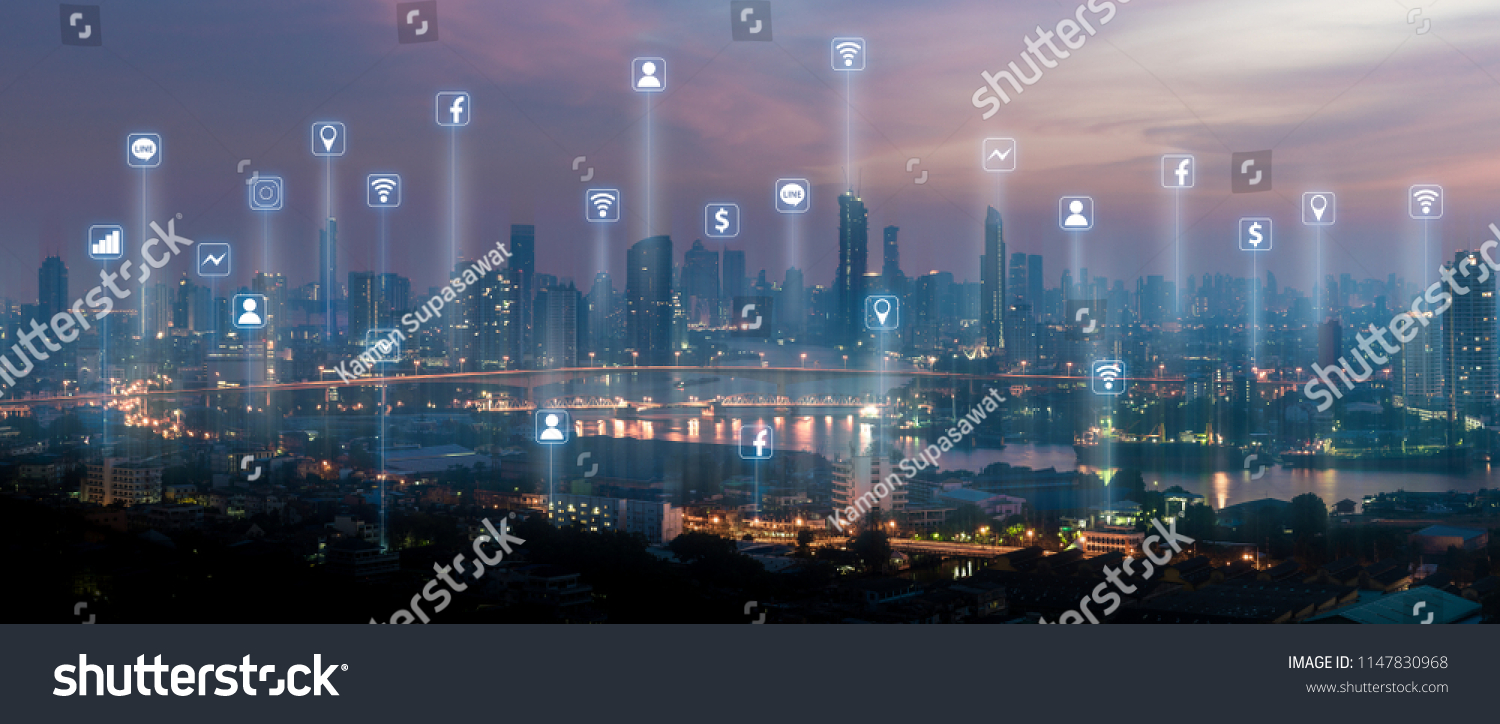 Wireless network communication icons with cityscape combination #1147830968