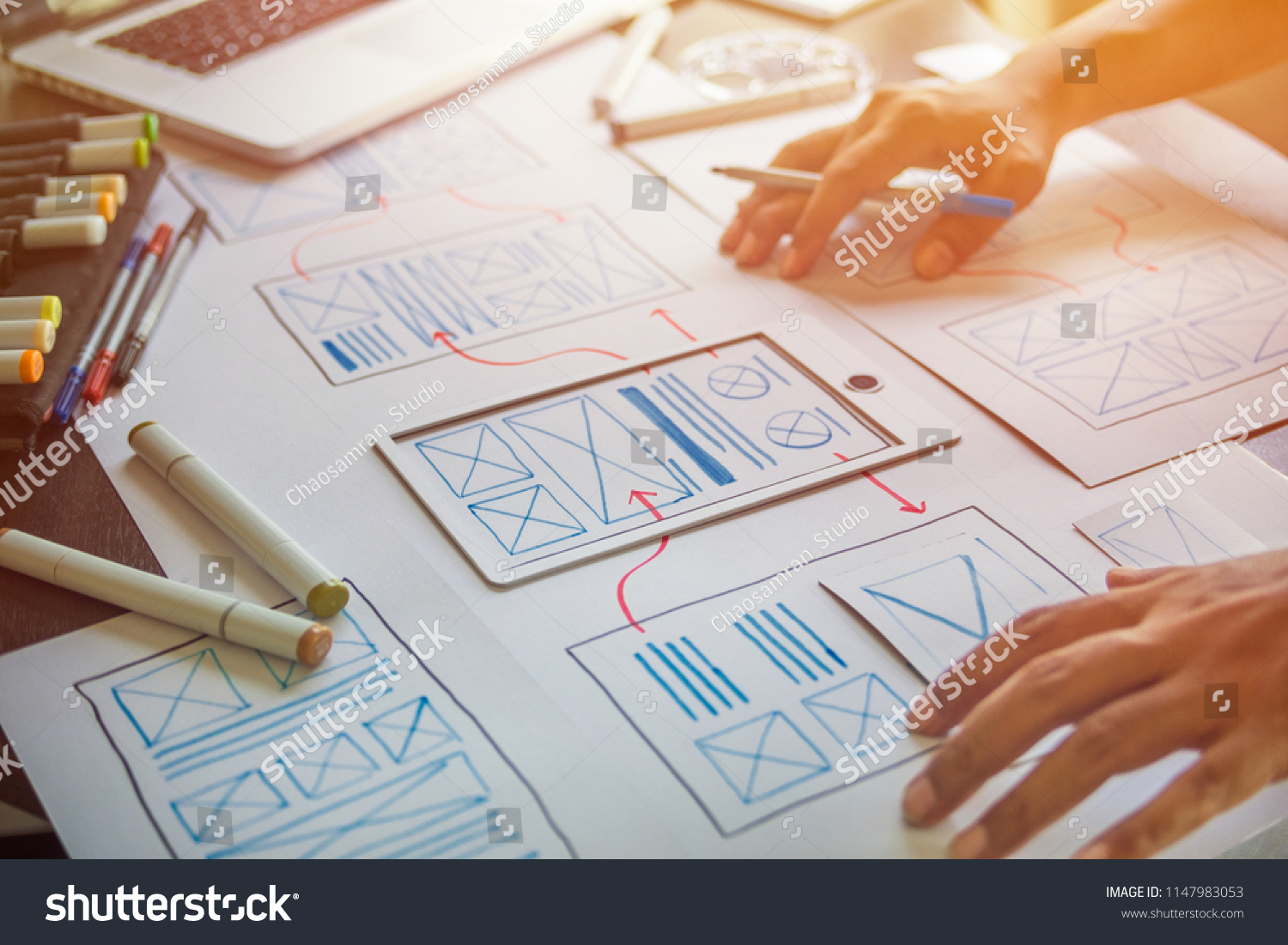 ux Graphic designer creative  sketch planning application process development prototype wireframe for web mobile phone . User experience concept. #1147983053