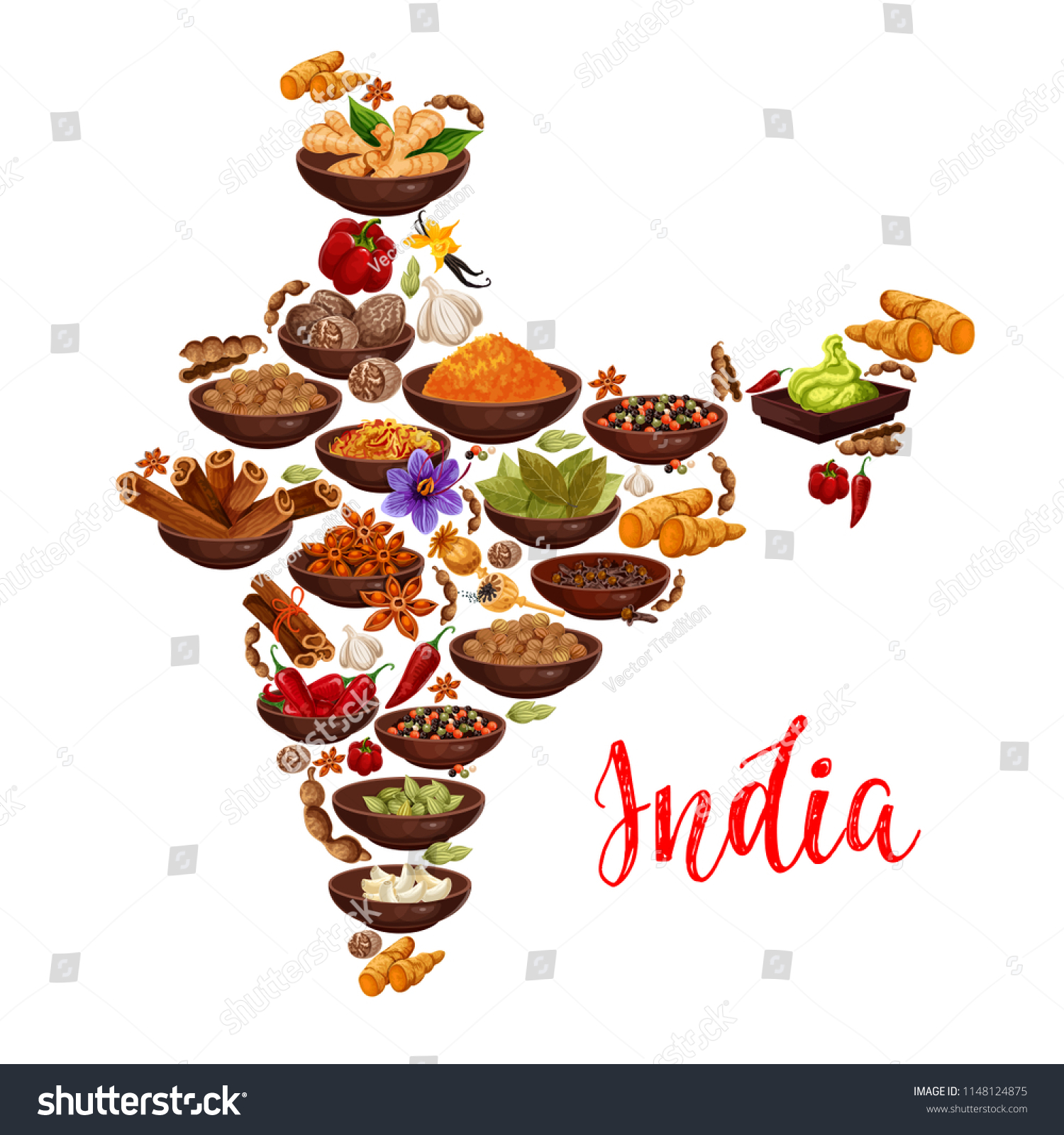 Indian cuisine spices in India map Vector design of curry, ginger and anise with masala seasonings of chili pepper and turmeric curcuma, saffron or vanilla and nutmeg #1148124875