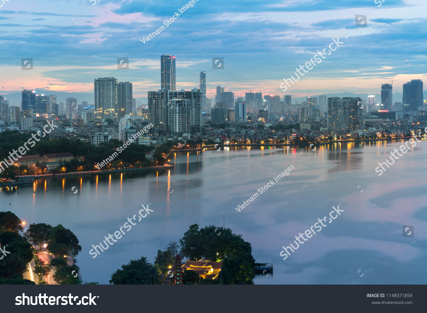 Aerial view of Hanoi skyline at West Lake or Ho Tay. Hanoi cityscape at twilight #1148371859