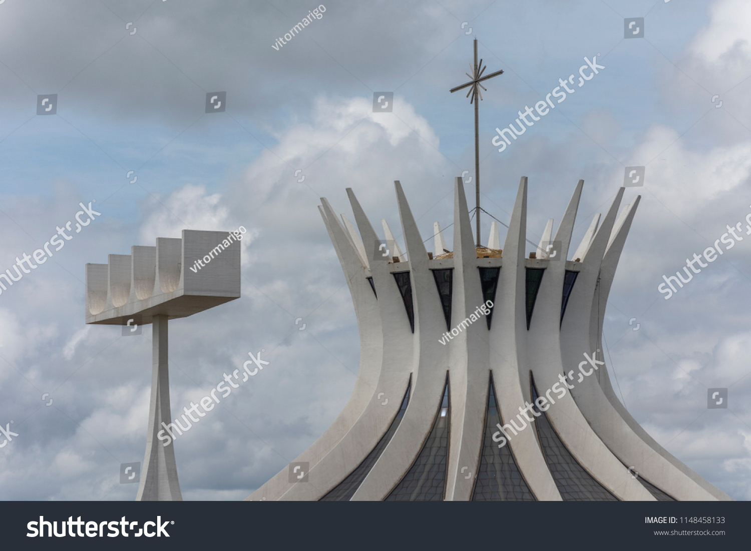 Catedral Metropolitana (Metropolitan Cathedral) modern architecture building with bell tower in central Brasilia, Federal District, capital city of Brazil #1148458133