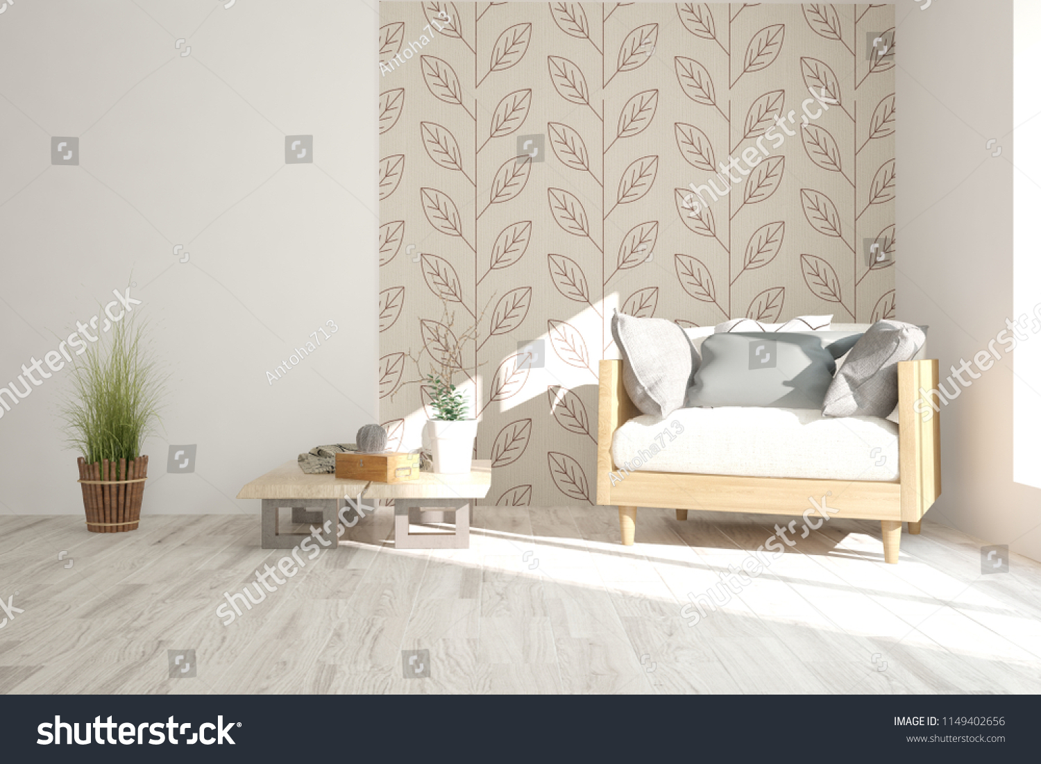 White modern room with armchair. Scandinavian interior design. 3D illustration #1149402656