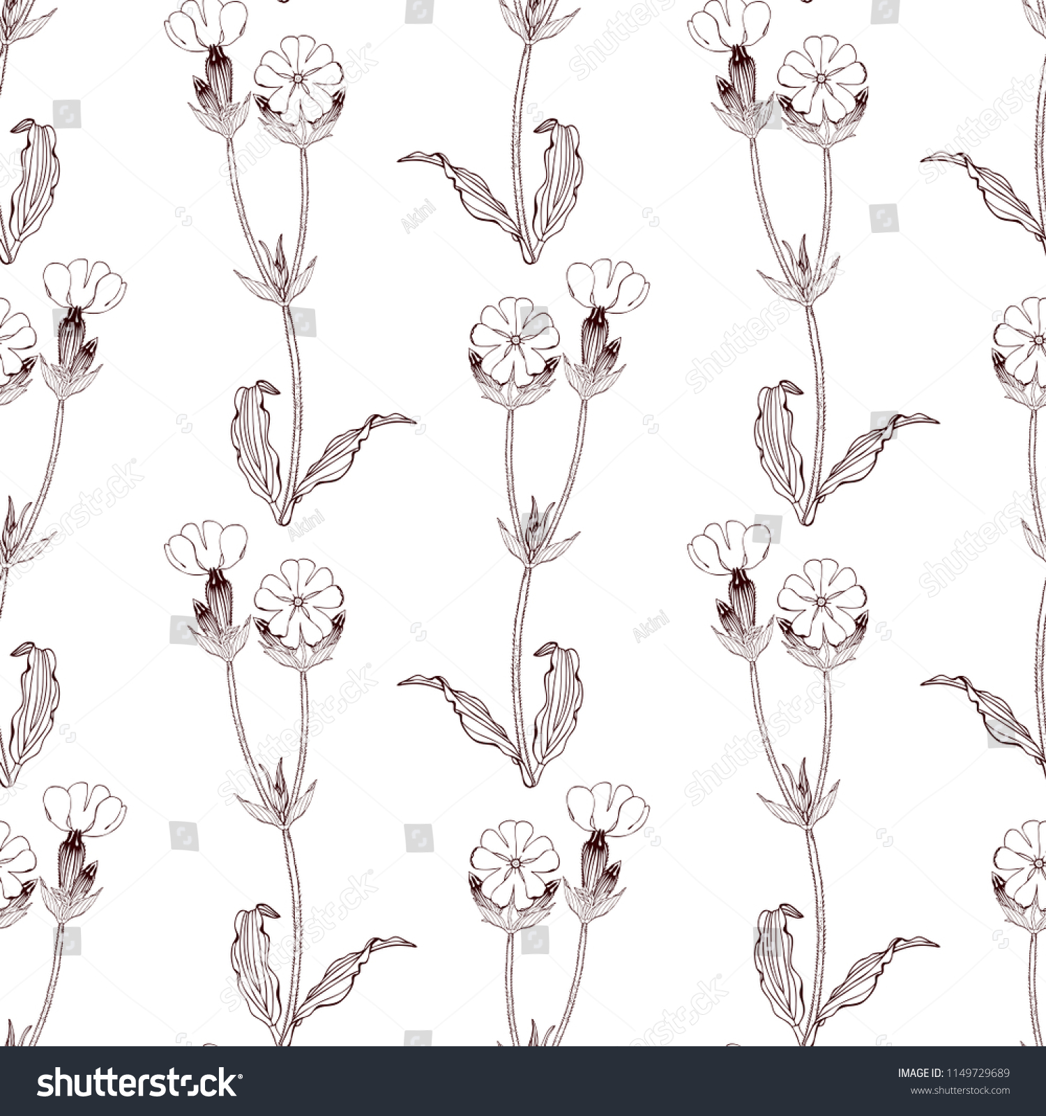 Black and white Seamless pattern with flowers on white background. For Packaging paper, greeting cards design, textile, fabric #1149729689