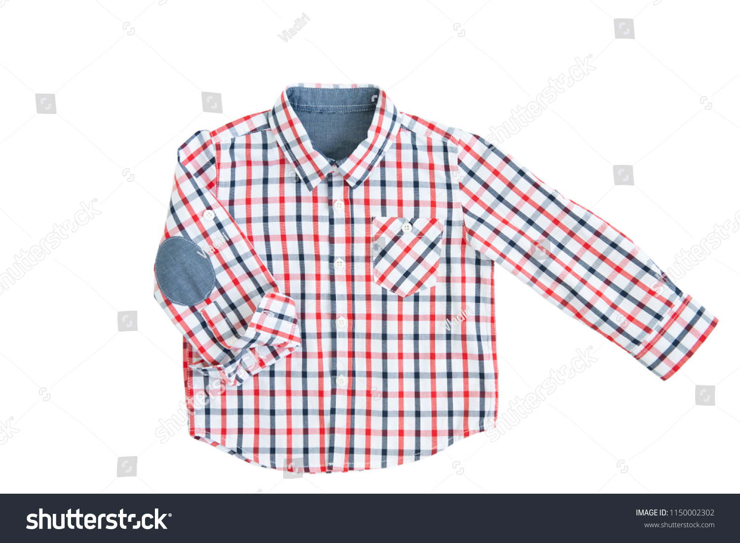 Fashionable blue-red caged shirt for a boy isolated on a white background/ Top view/ Flat lay/ Baby clothes/ Close-up #1150002302