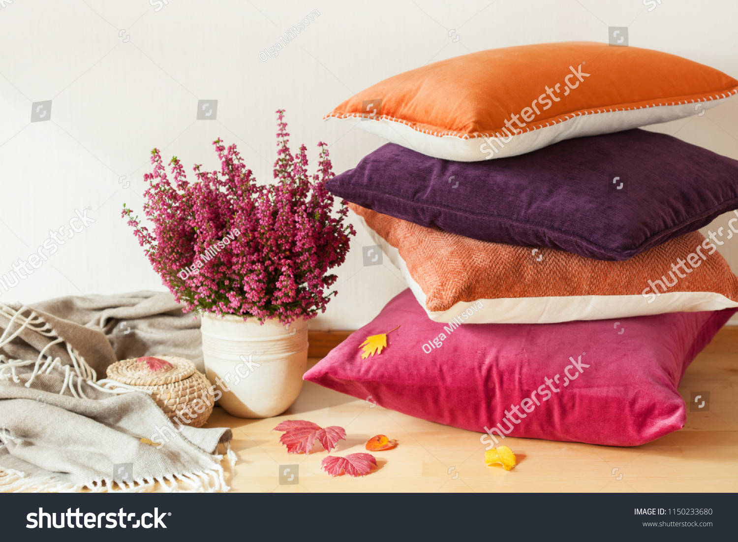 colorful cushions throw cozy home autumn mood flower #1150233680