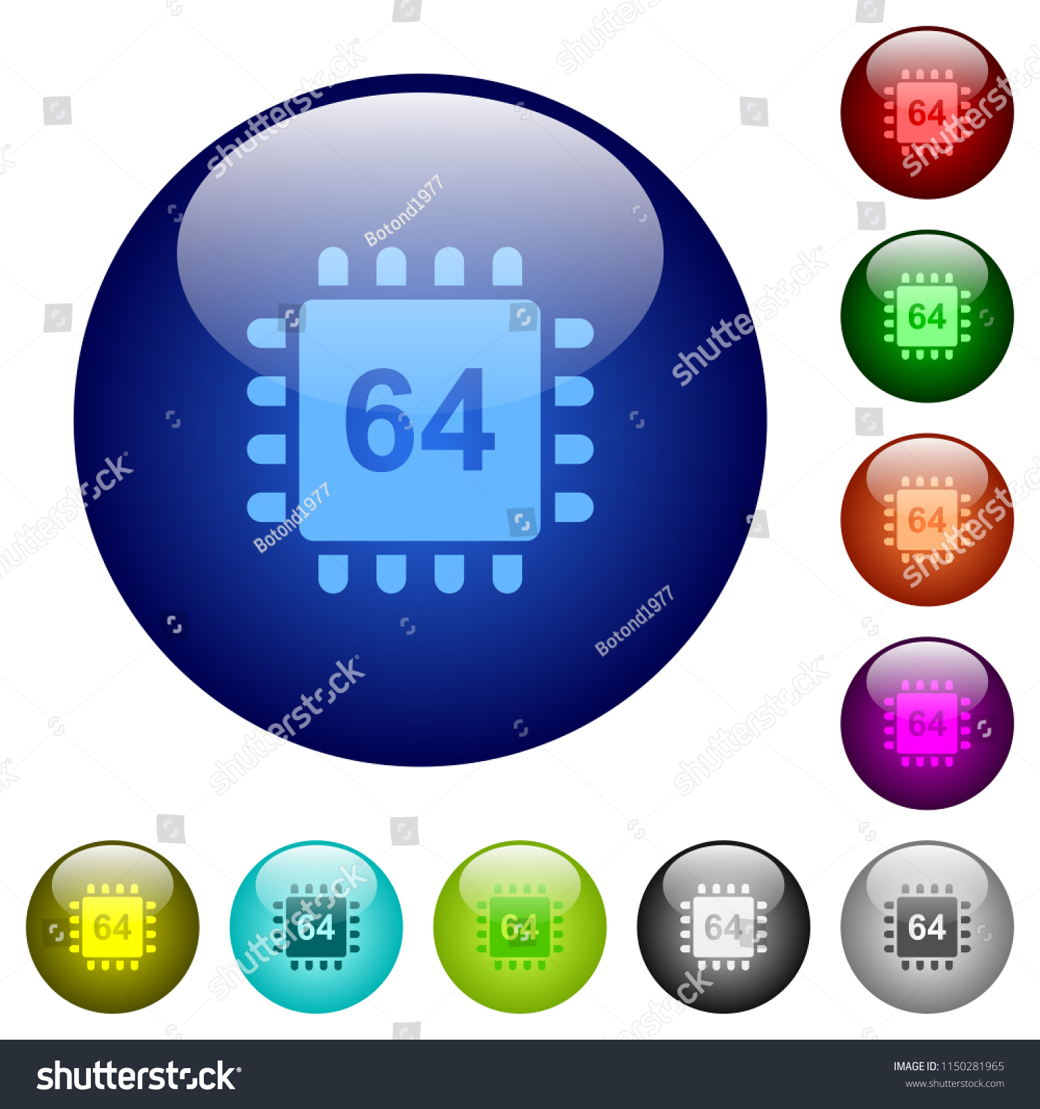 Microprocessor 64 bit architecture icons on round color glass buttons #1150281965