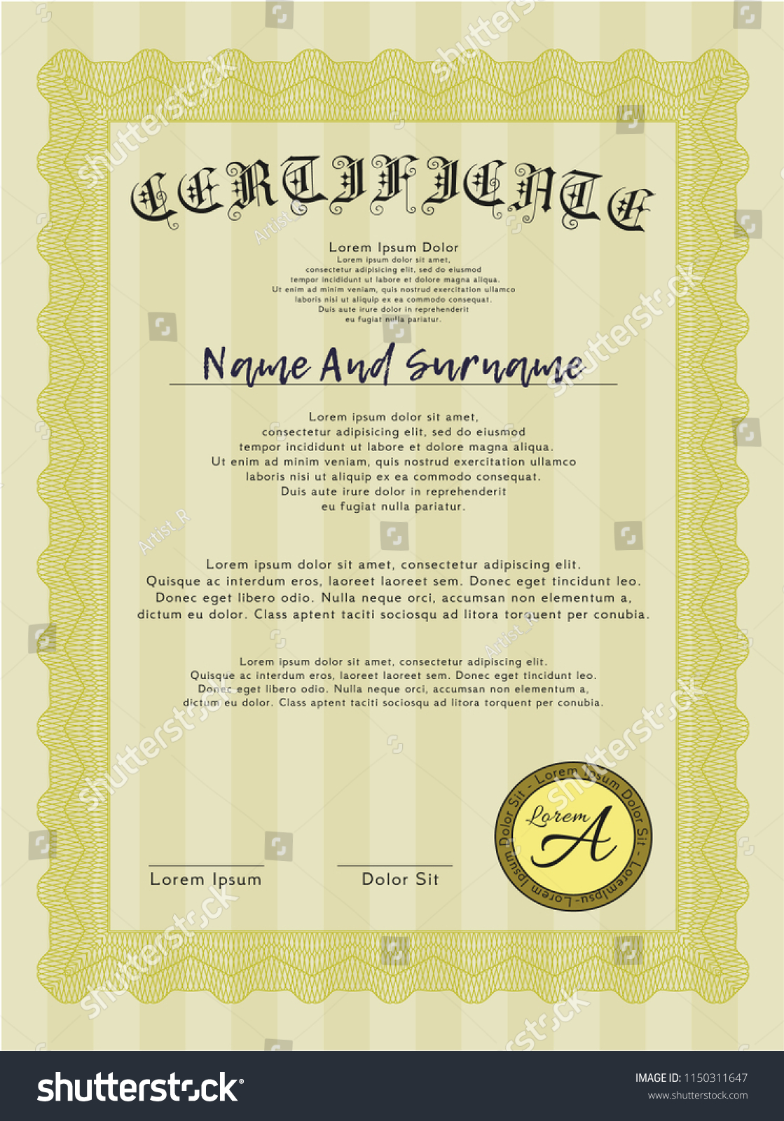 Yellow Diploma or certificate template. Sophisticated design. With linear background. Detailed.  #1150311647