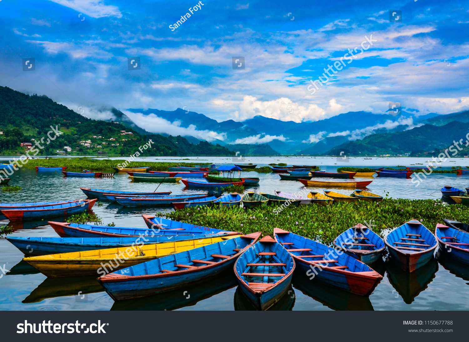 Colorful row boats docked on Lake Phewa in Pokhara, Nepal. #1150677788