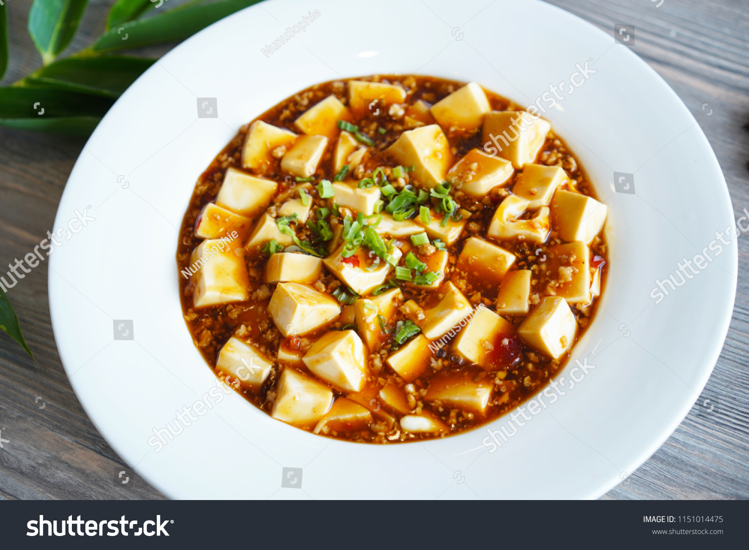 Mapo Tofu, Sichuan Tofu on a plate. Hong Kong cuisine, Chinese cuisine, Macao cuisine, Asian cuisine. Spicy tofu, chilli tofu. Restaurant menu.    #1151014475