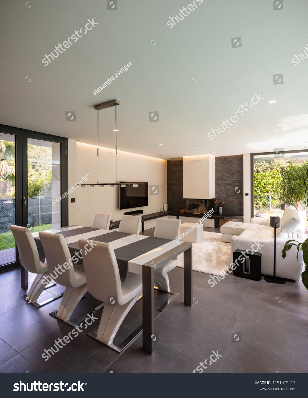 Modern living room overlooking the garden and swimming pool. Nobody inside #1151072417