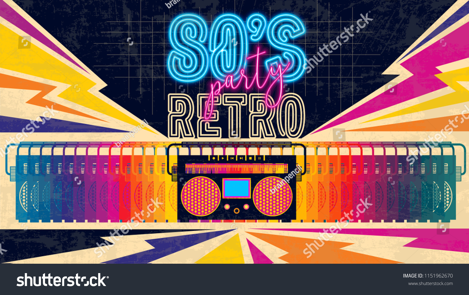 80s, retro music party banner or cover. Old style vector poster. Disco fluorescent neon style for eighties party. 1980 radio cassette player. Fashion background easy editable template for event. #1151962670