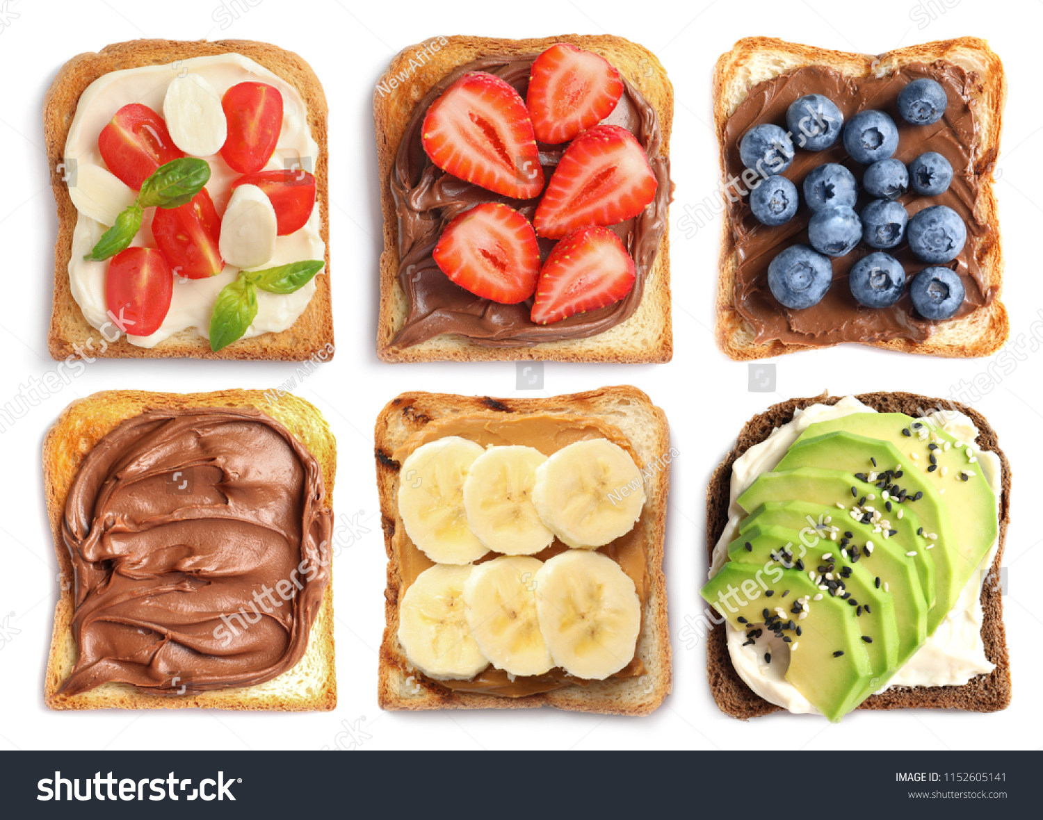 Set with toast bread and different toppings on white background, top view #1152605141