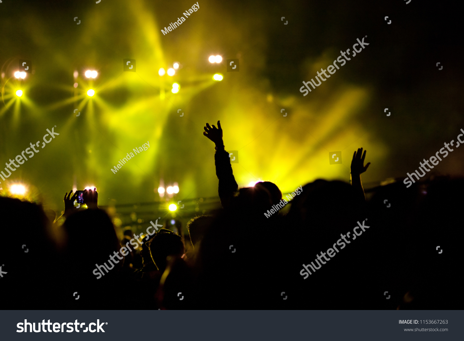 cheering crowd with raised hands at concert - music festival #1153667263