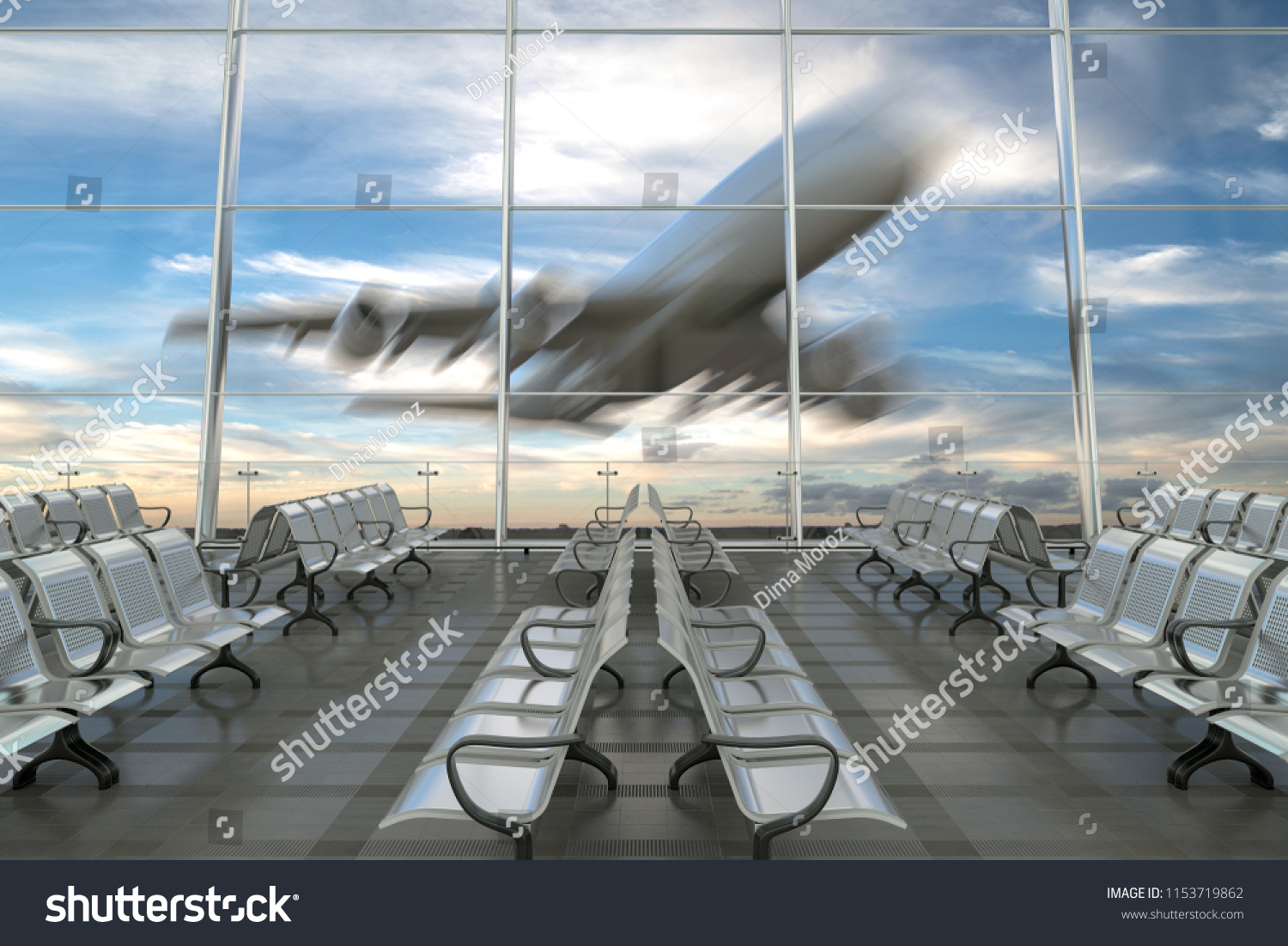 Empty airport departure lounge with airplane on background. 3d illustration  #1153719862