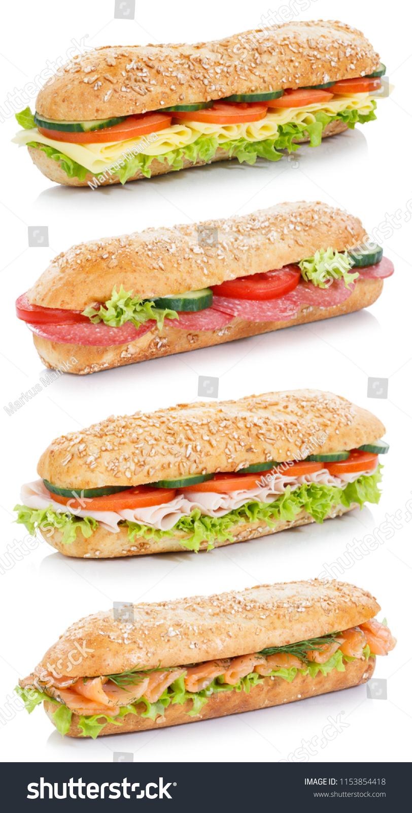 Collection of baguette sub sandwiches salami ham cheese salmon fish whole grains fresh portrait format isolated on a white background #1153854418