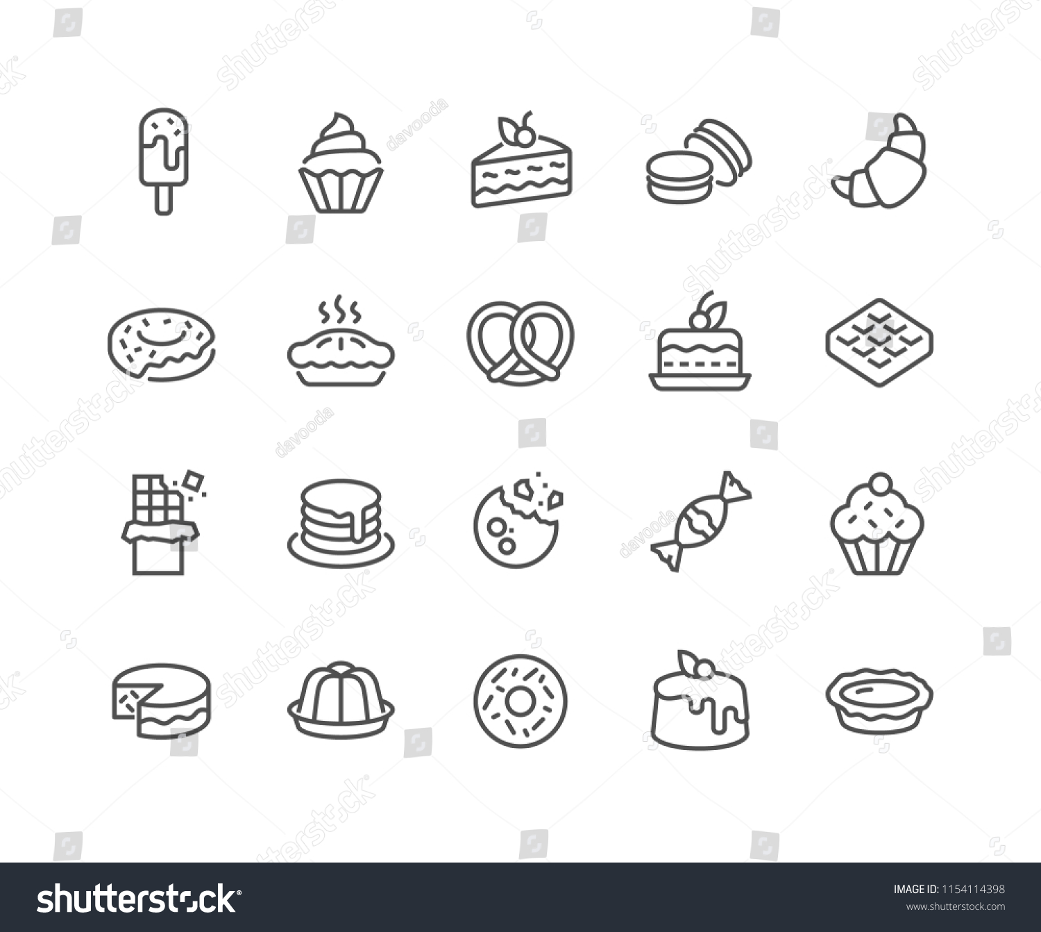 Simple Set of Dessert Related Vector Line Icons. Contains such Icons as Macarons, Bagel, Sweet Waffle and more. Editable Stroke. 48x48 Pixel Perfect.