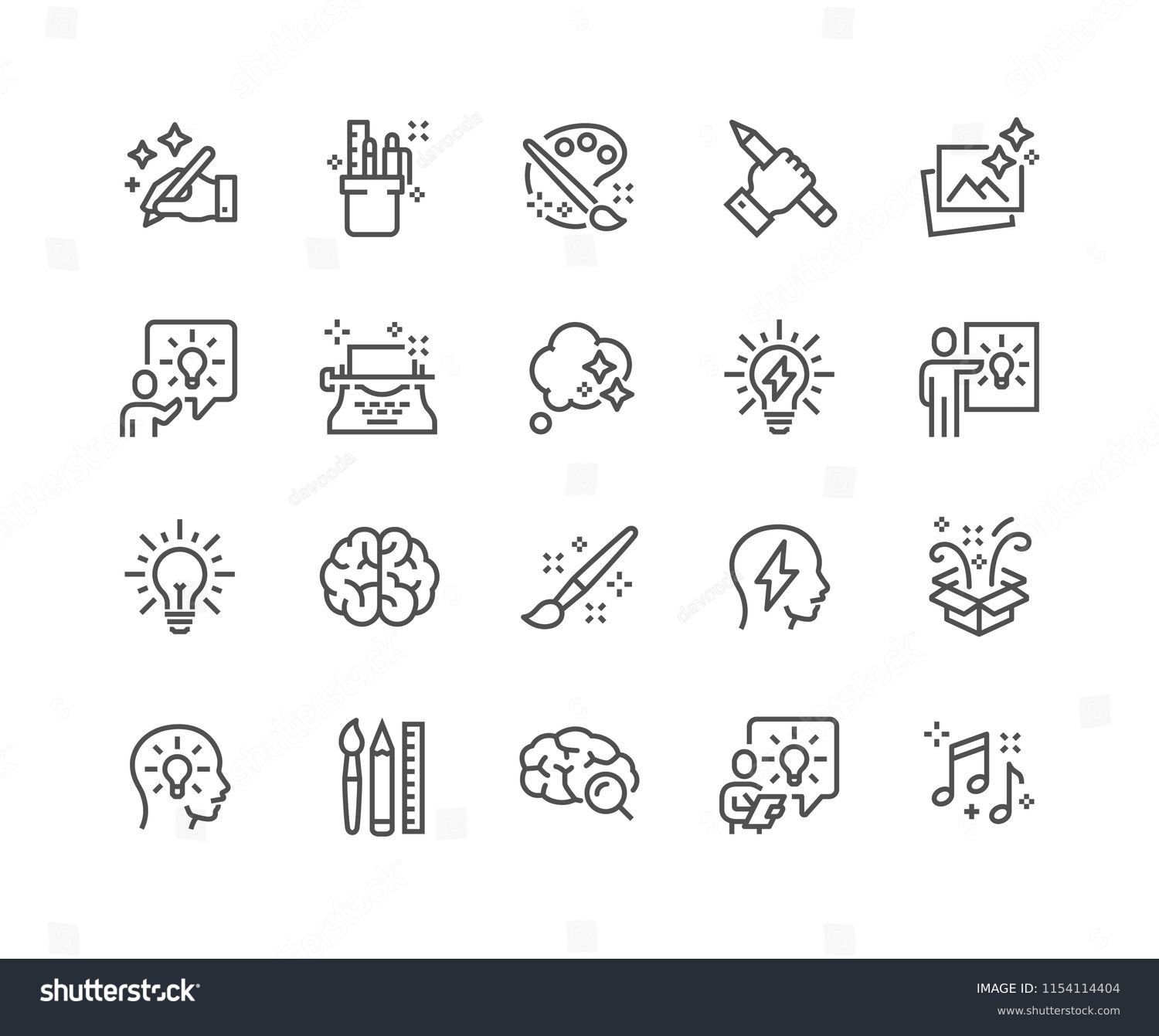 Simple Set of Creativity Related Vector Line Icons. Contains such Icons as Inspiration, Idea, Brain and more.
Editable Stroke. 48x48 Pixel Perfect. #1154114404