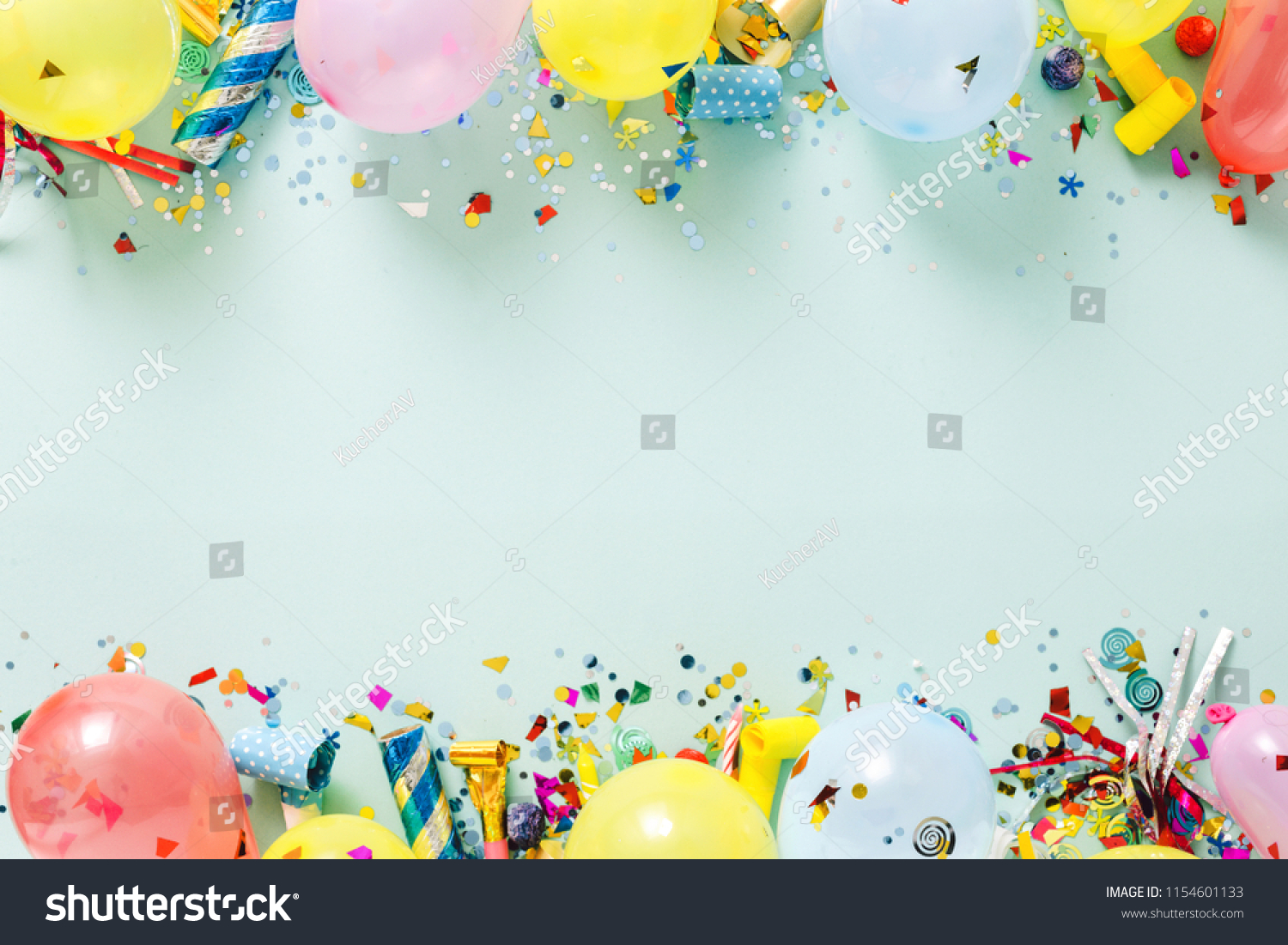 Flat lay decoration party concept on pastel blue background top view #1154601133