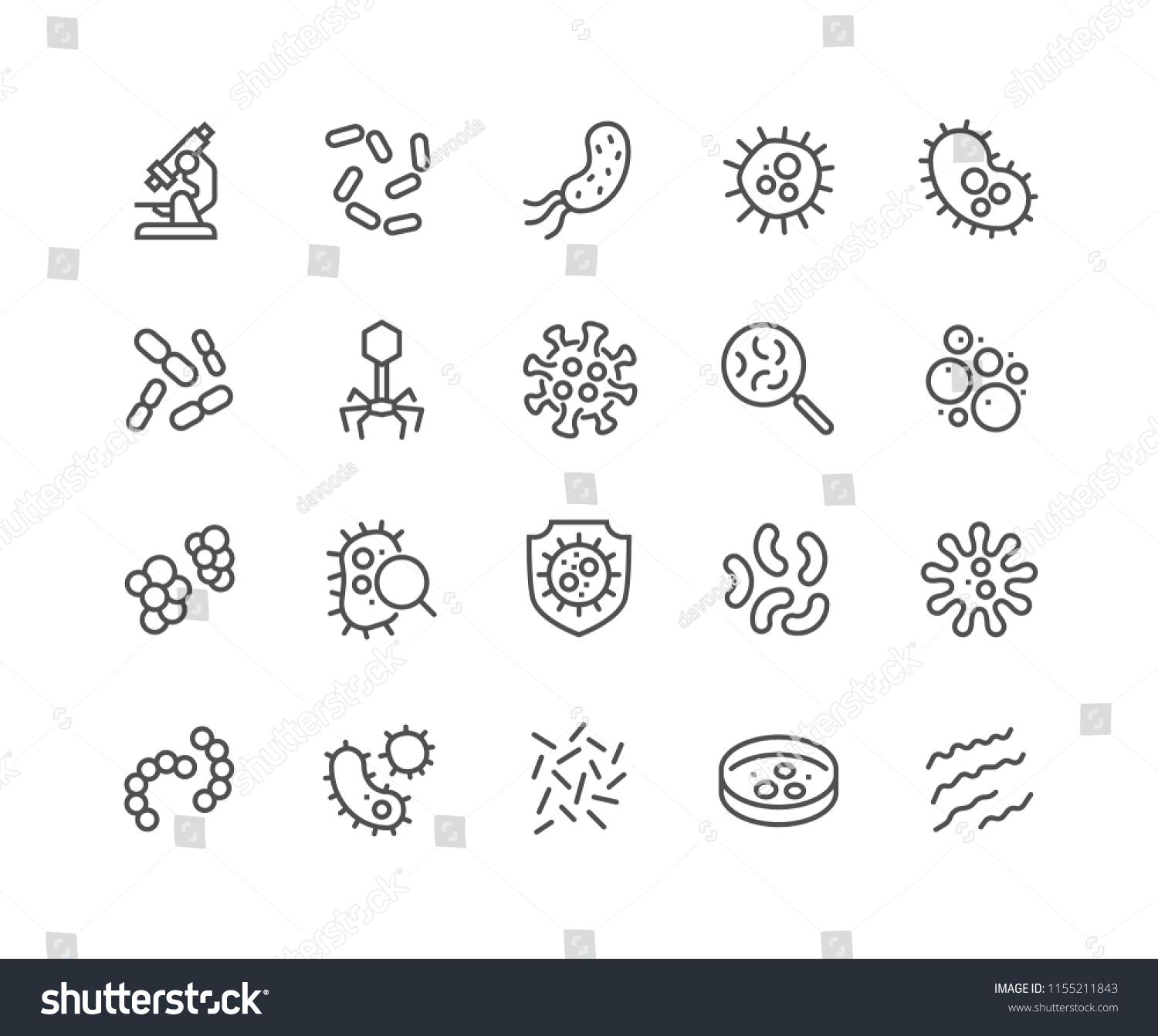 Simple Set of Bacteria Related Vector Line Icons. Contains such Icons as Virus, Colony of Bacteria, Petri Dish and more.
Editable Stroke. 48x48 Pixel Perfect. #1155211843