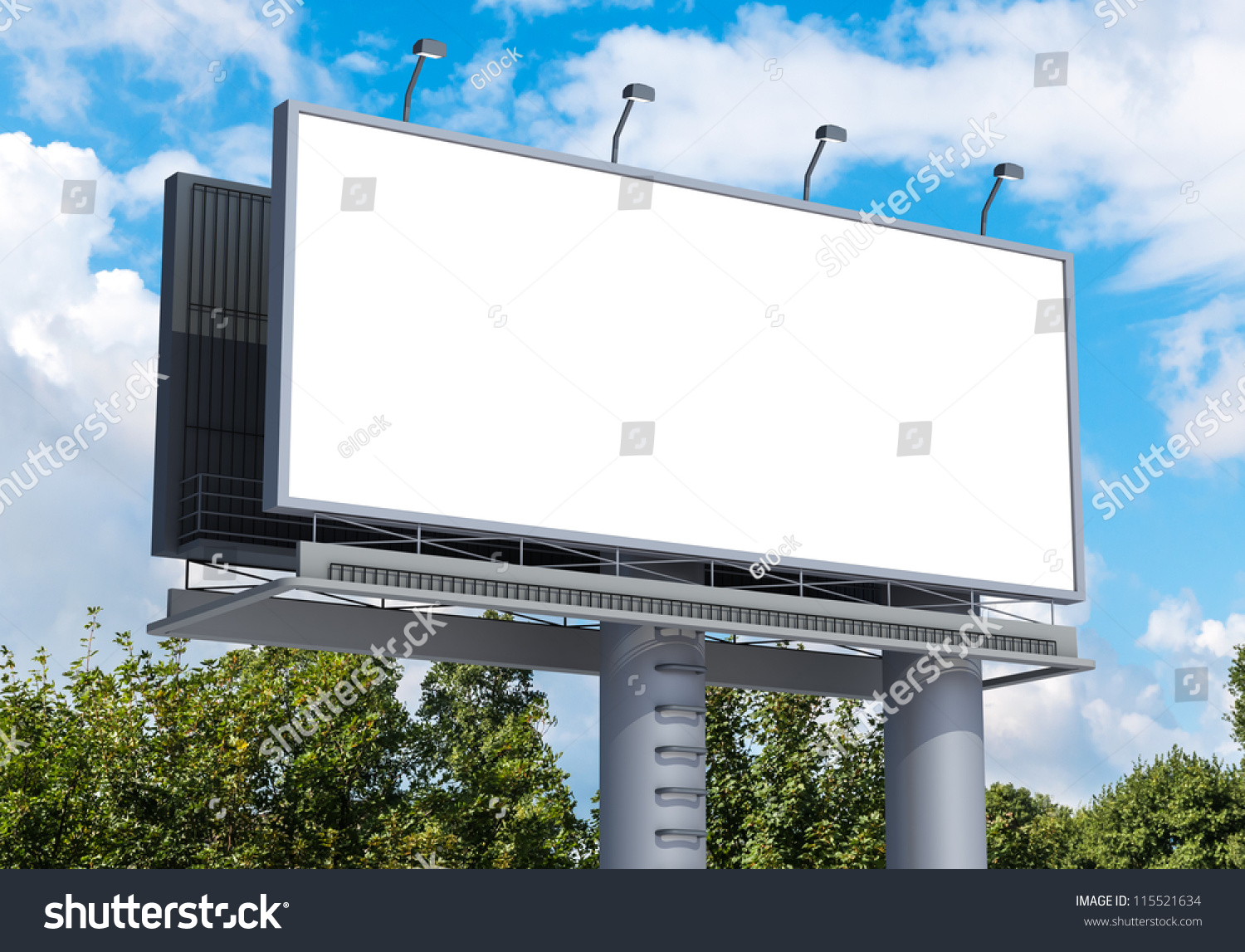 Billboard with empty screen, against blue cloudy sky #115521634