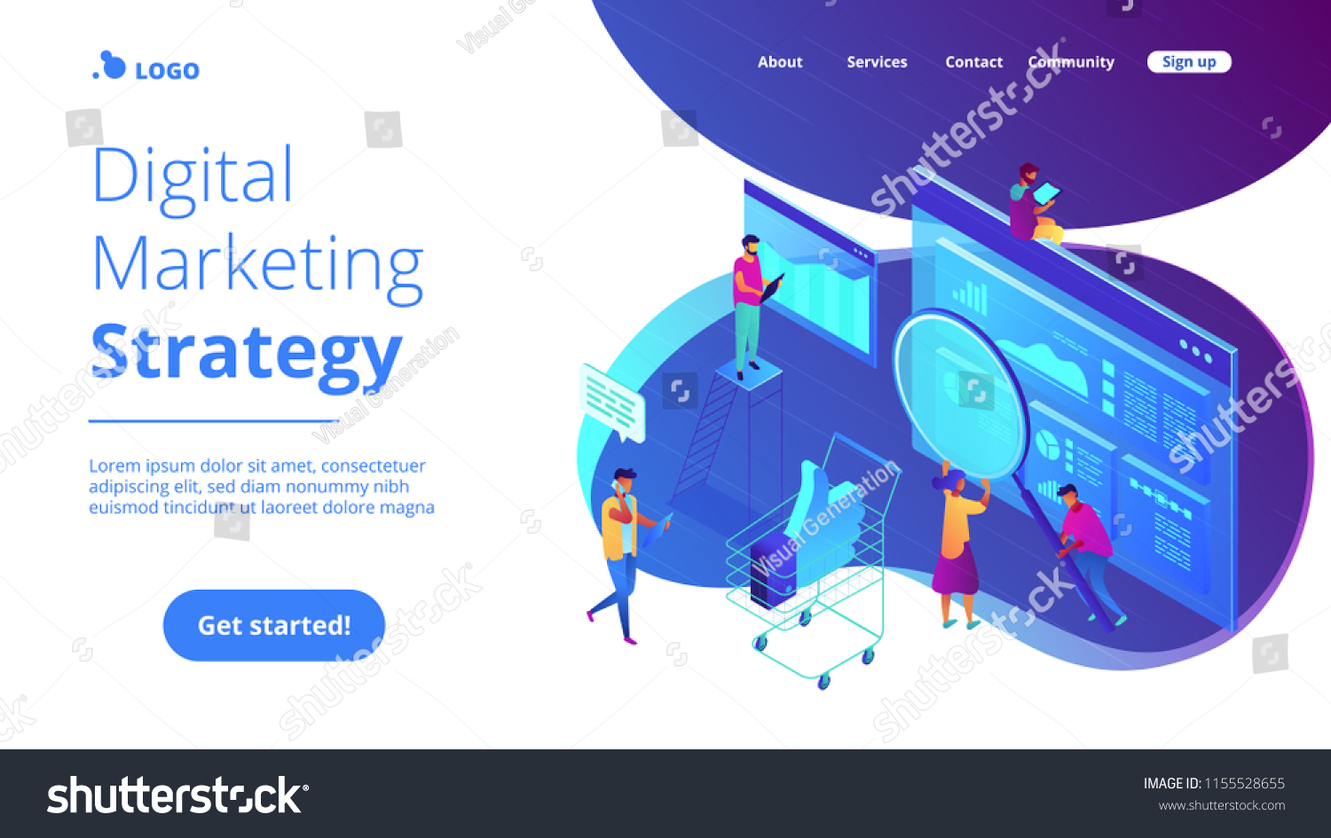 Isometric team of specialists working on digital marketing strategy landing page. Digital marketing, digital technologies concept. Blue violet background. Vector 3d isometric illustration. #1155528655