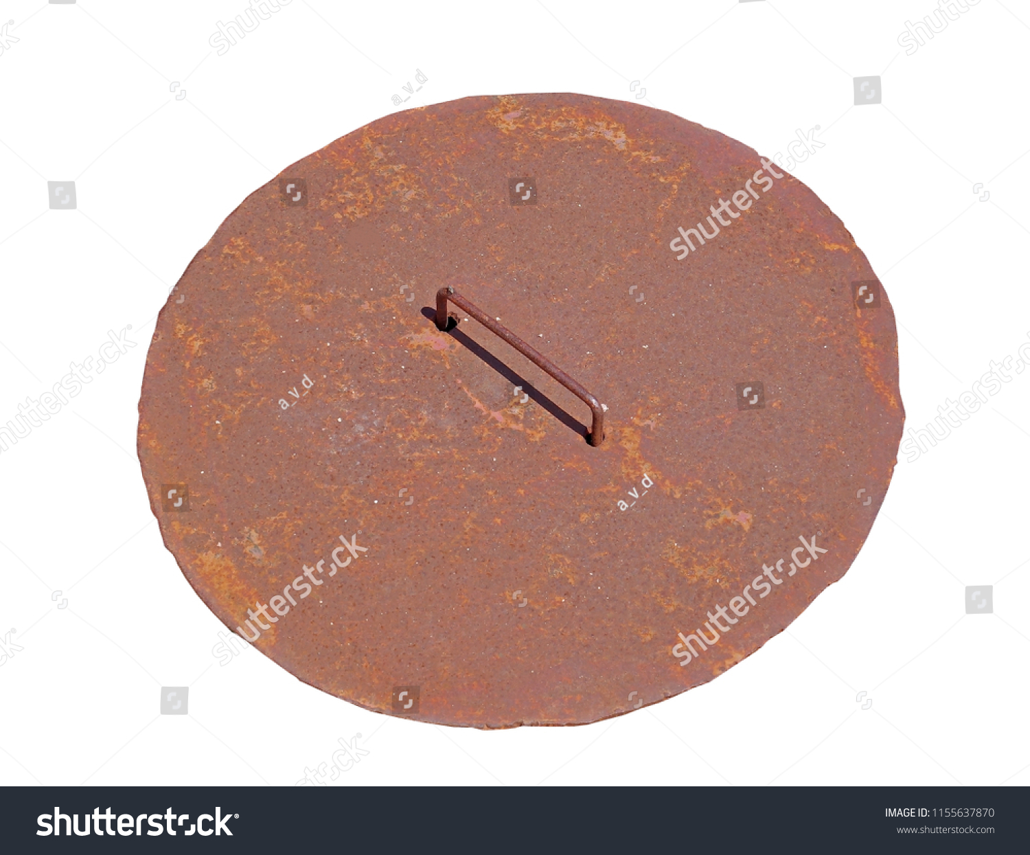 Round rusty steel hatch of the city sewerage system Isolated on white #1155637870