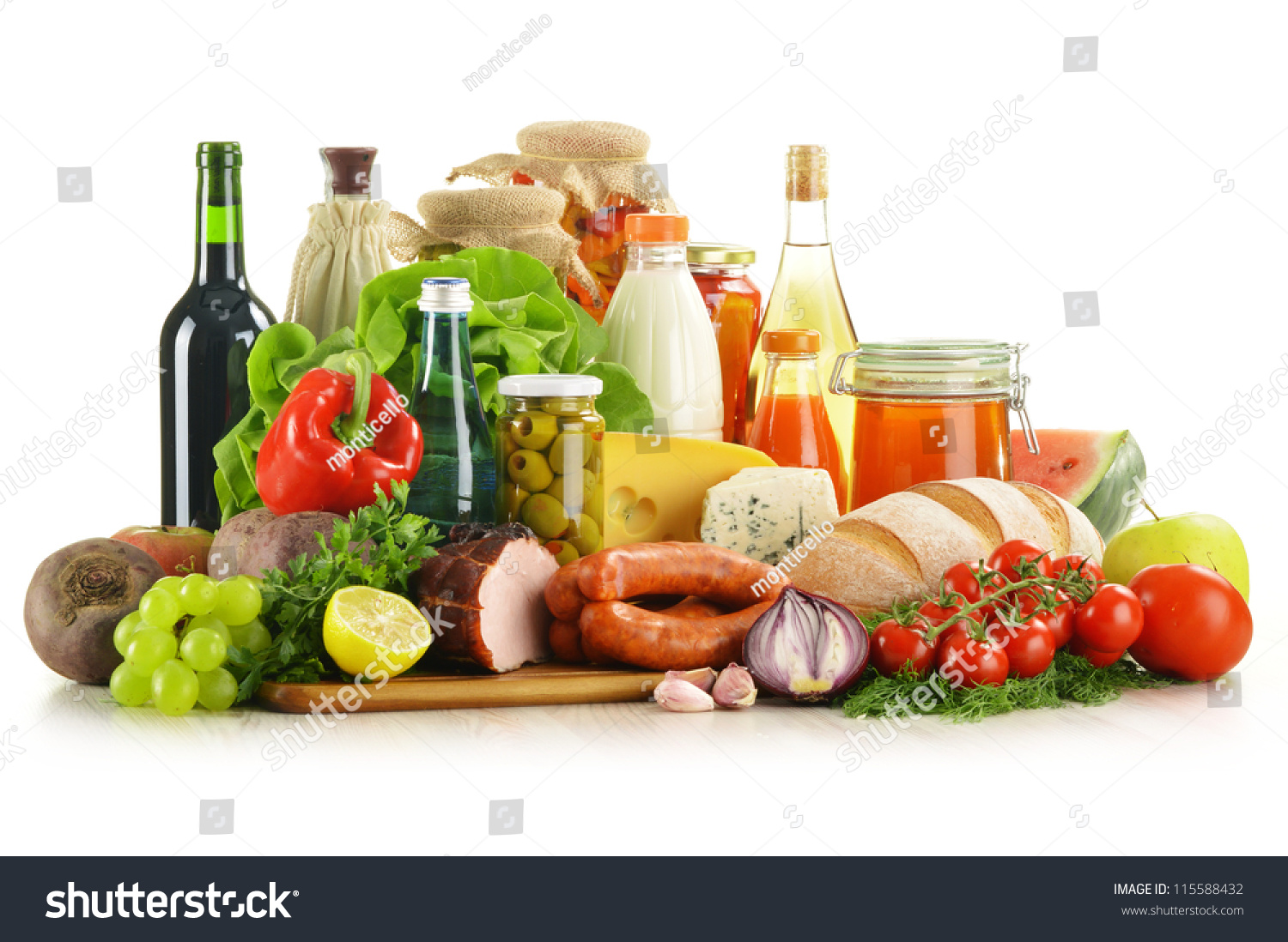 Composition with variety of grocery products including vegetables, fruits, meat, dairy and wine #115588432
