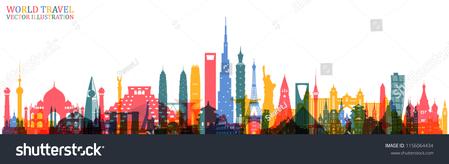 World famous Landmark colorful art. Global Travel And Journey Infographic Back. Vector Flat Design Template.vector/illustration.Can be used for your banner, business, education, website or any artwork #1156064434