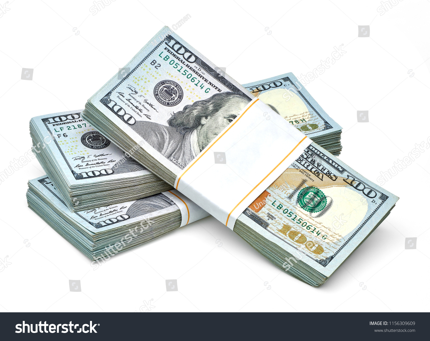 New design US Dollar bills bundles stack on white background including clipping path. #1156309609