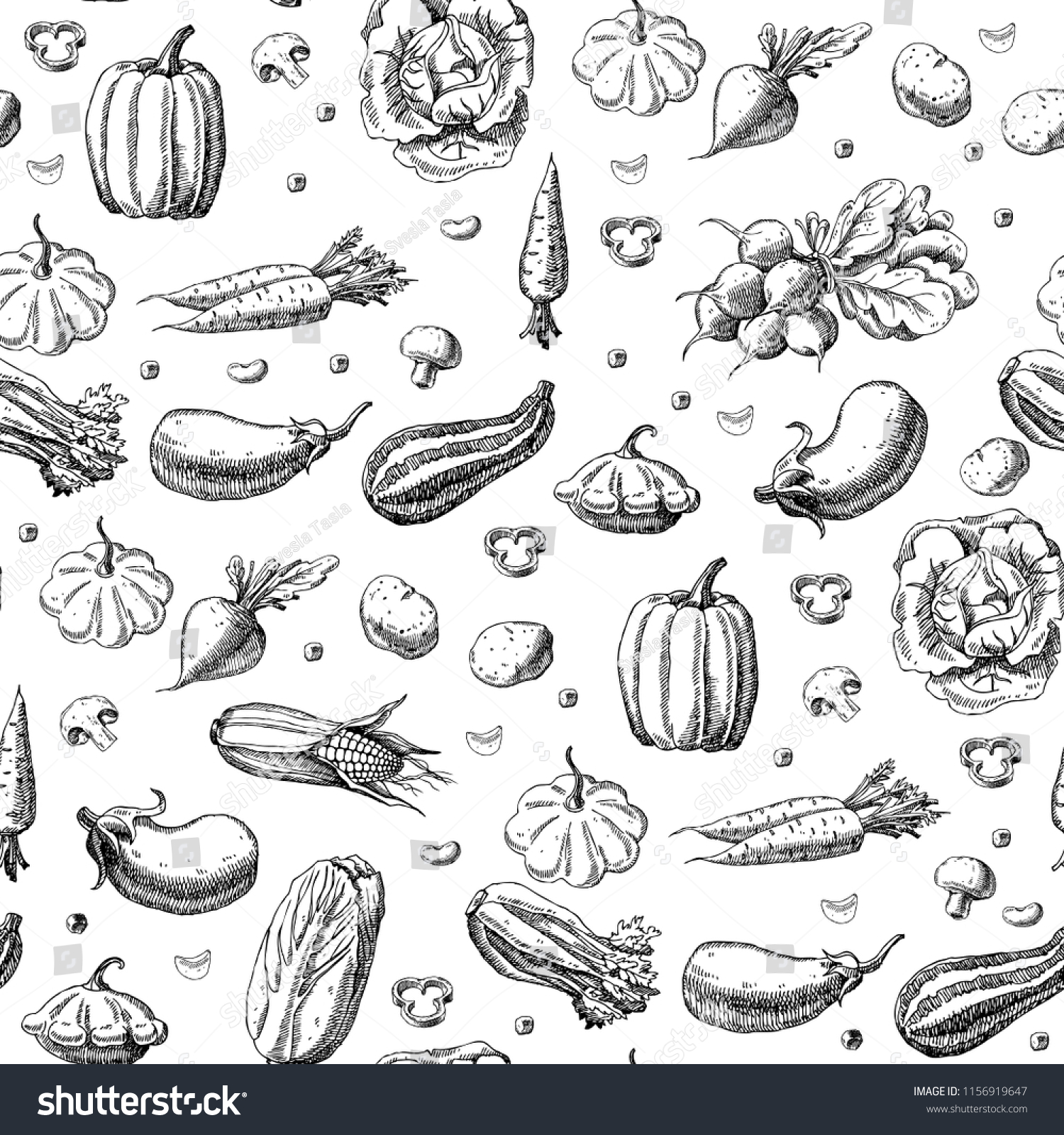Seamless pattern with vegetables. Hand drawn vegan texture. Vegetarian food vector background #1156919647