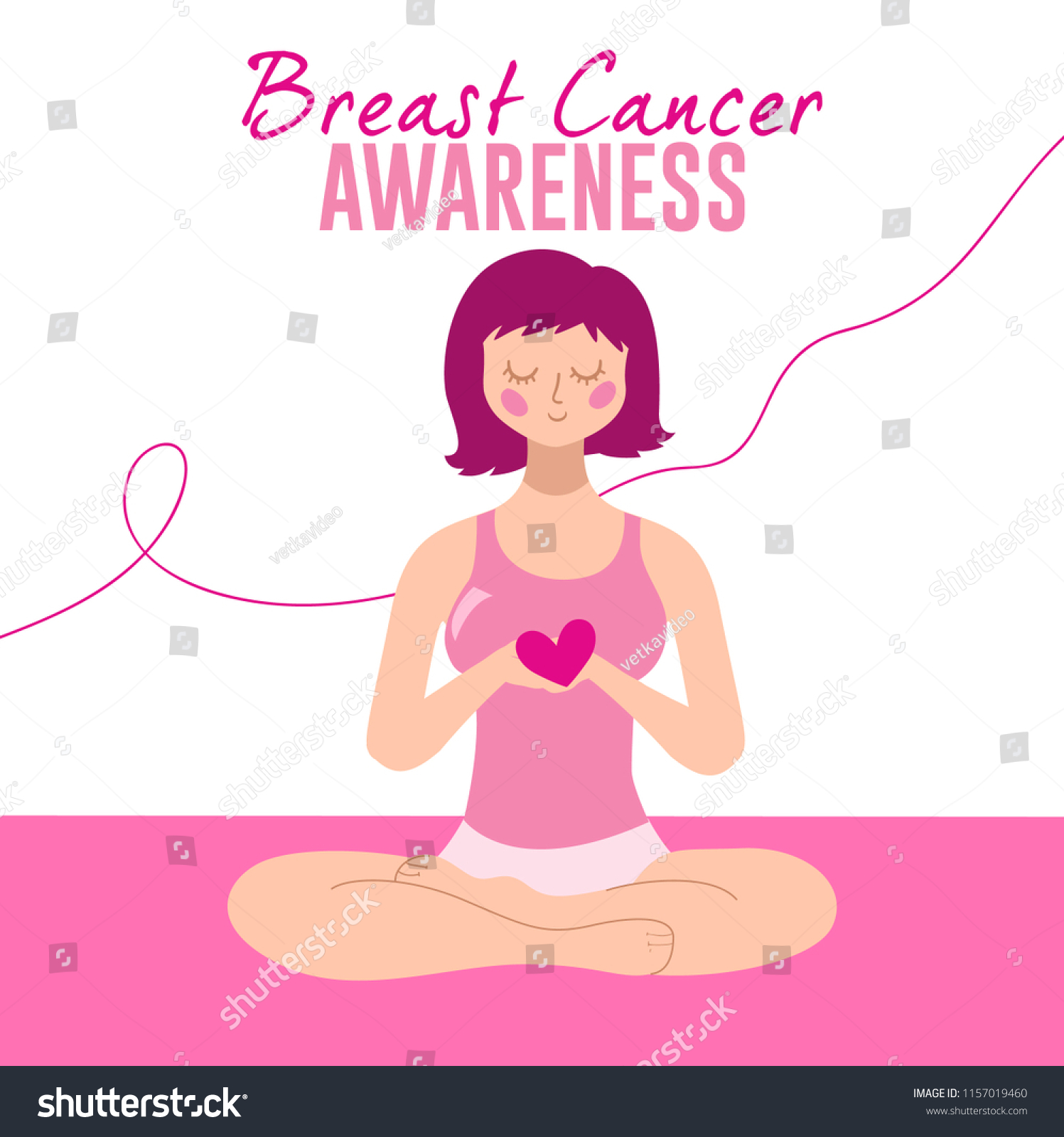 Breast Cancer Awareness, Woman sitting in yoga pose and holding heart in her hand. Pink Ribbon Background. Vector illustration #1157019460