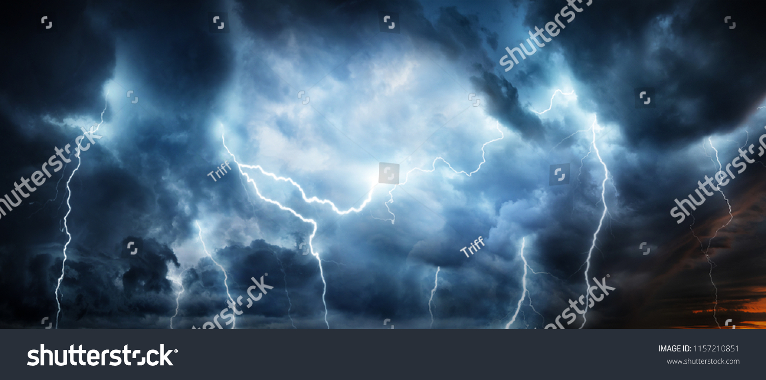Lightning thunderstorm flash over the night sky. Concept on topic weather, cataclysms (hurricane, Typhoon, tornado, storm)  #1157210851