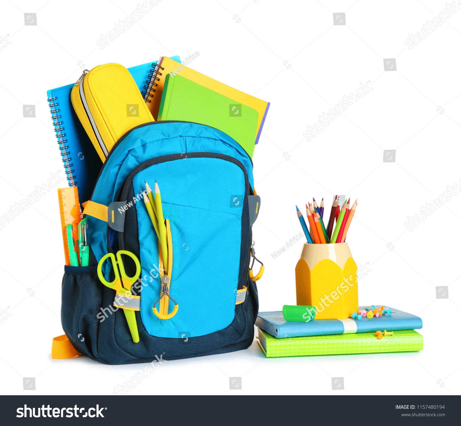 Backpack with school stationery on white background #1157480194