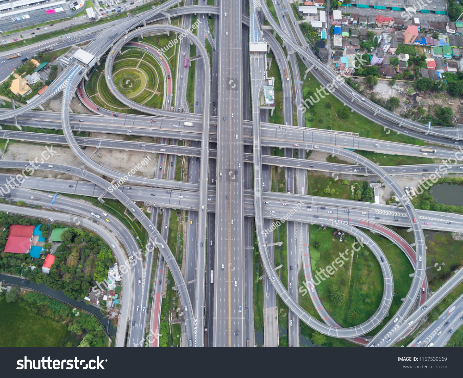 Aeriel view highway road intersection for transportation or traffic background. #1157539669