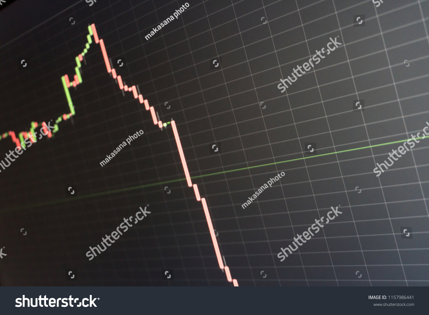 A stock market candlestick chart showing a sharply declining and crashing price going deep into the red #1157986441
