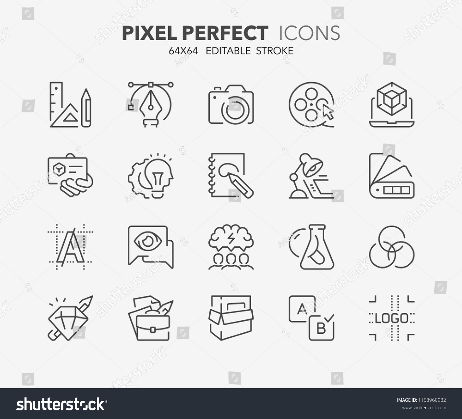 Thin line icons set of graphic design and creative process. Outline symbol collection. Editable vector stroke. 64x64 Pixel Perfect. #1158960982