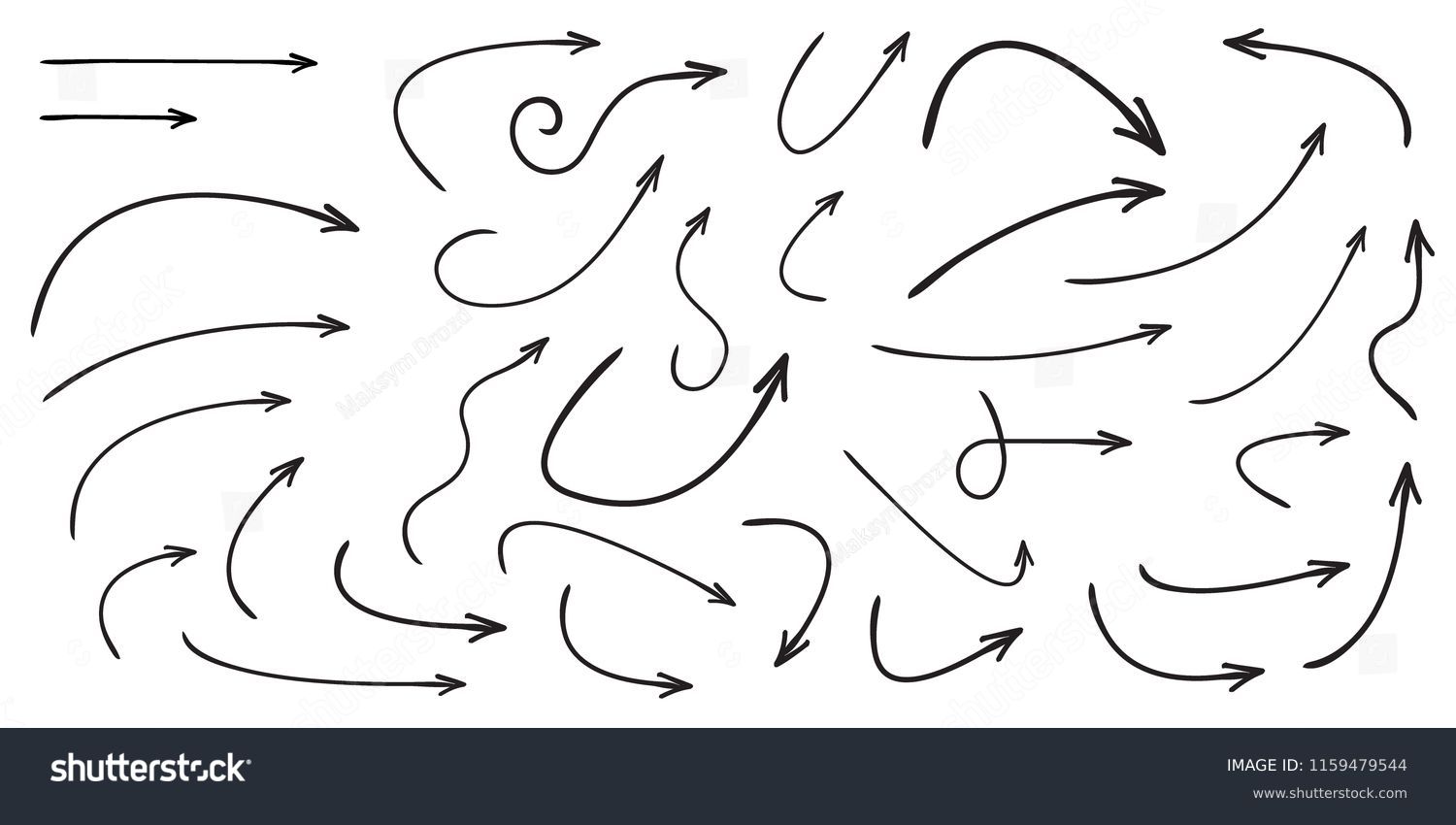 Set of vector curved arrows hand drawn. Sketch doodle style. Collection of pointers. #1159479544