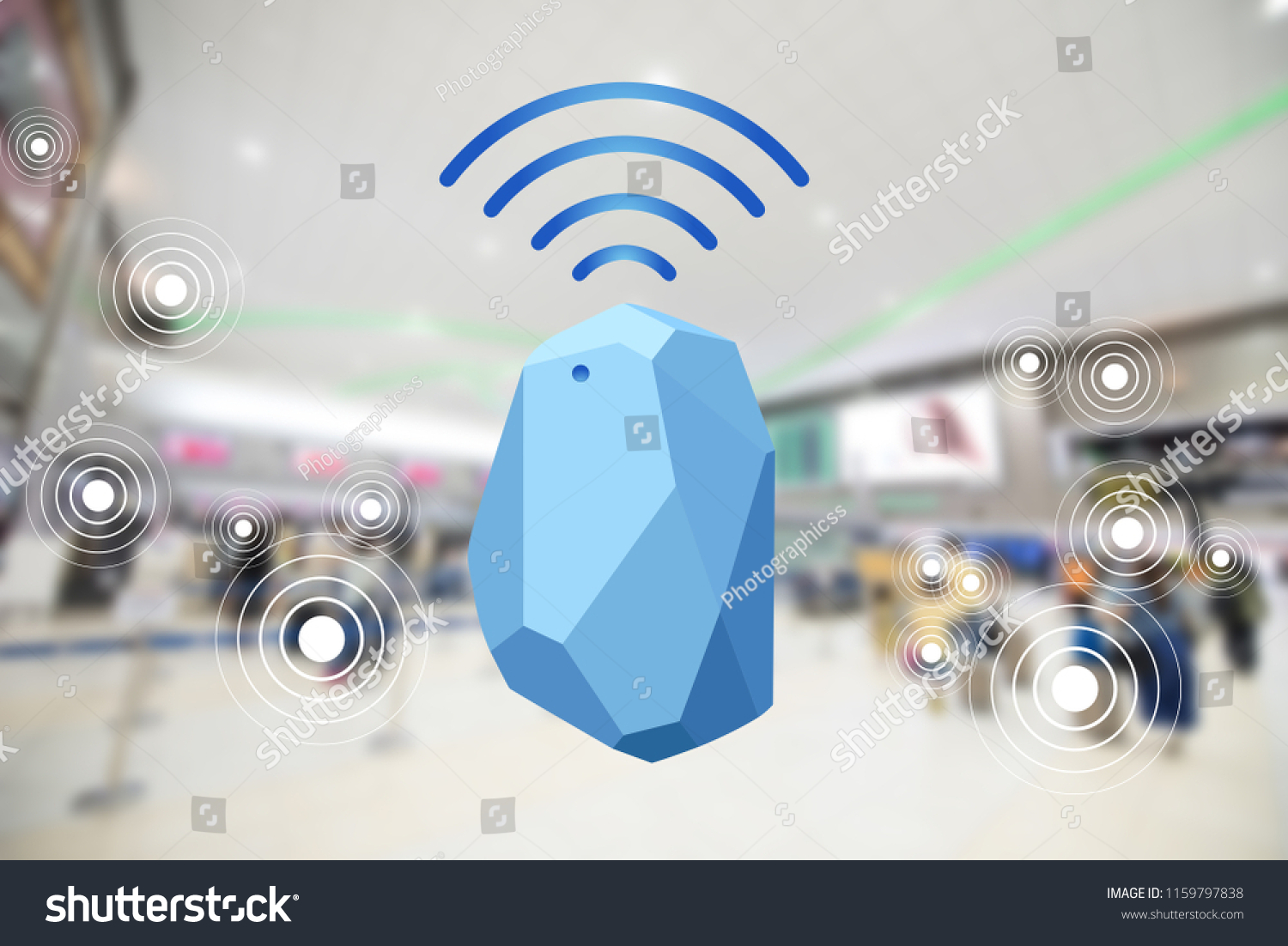Beacon device home and office radar. Use for all situations. with network connect signal graphic and blur background at the airport  #1159797838