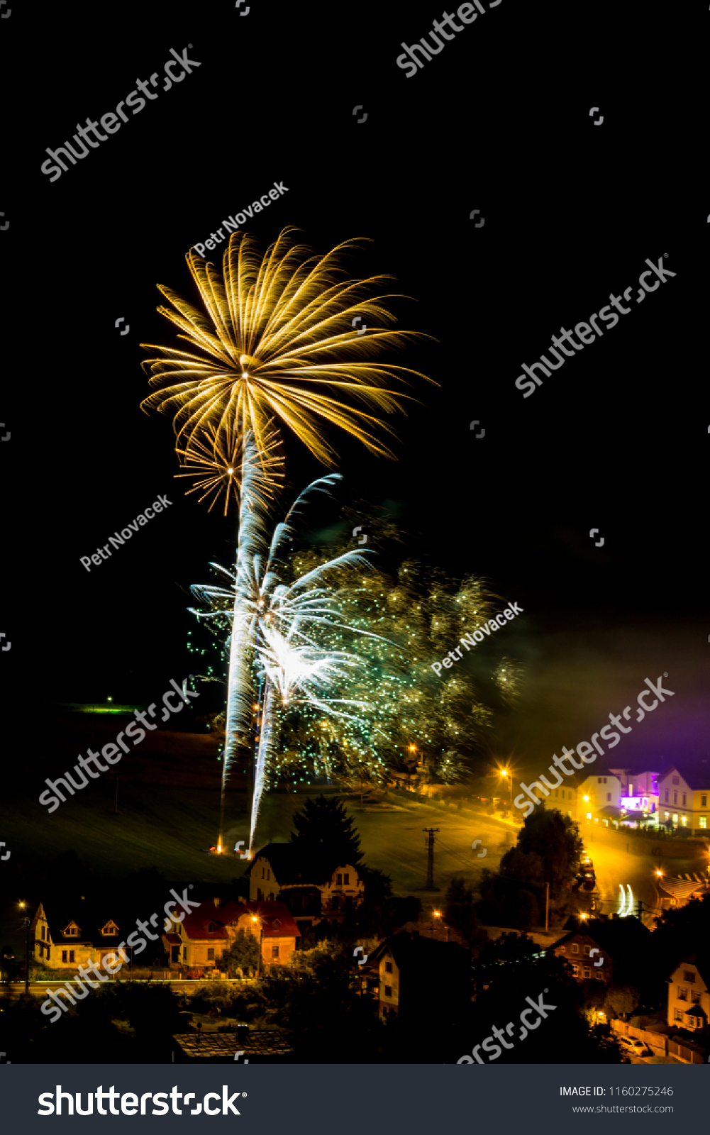 Yellow firework. Amazing fireworks, fireworks 2019, fireworks background, fireworks event, Celebration in the town. #1160275246