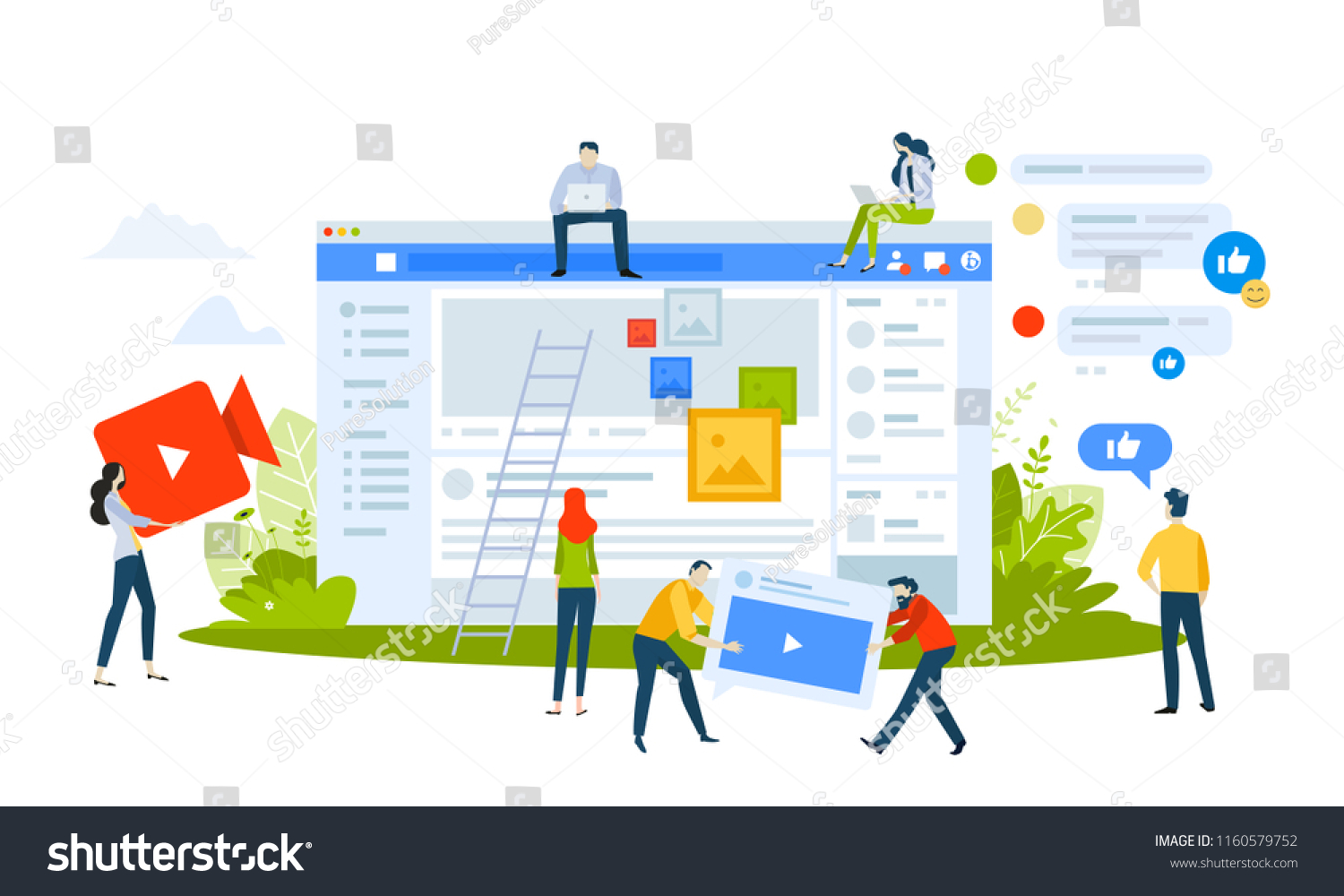 Vector illustration concept of social media apps and services. Creative flat design for web banner, marketing material, business presentation, online advertising. #1160579752