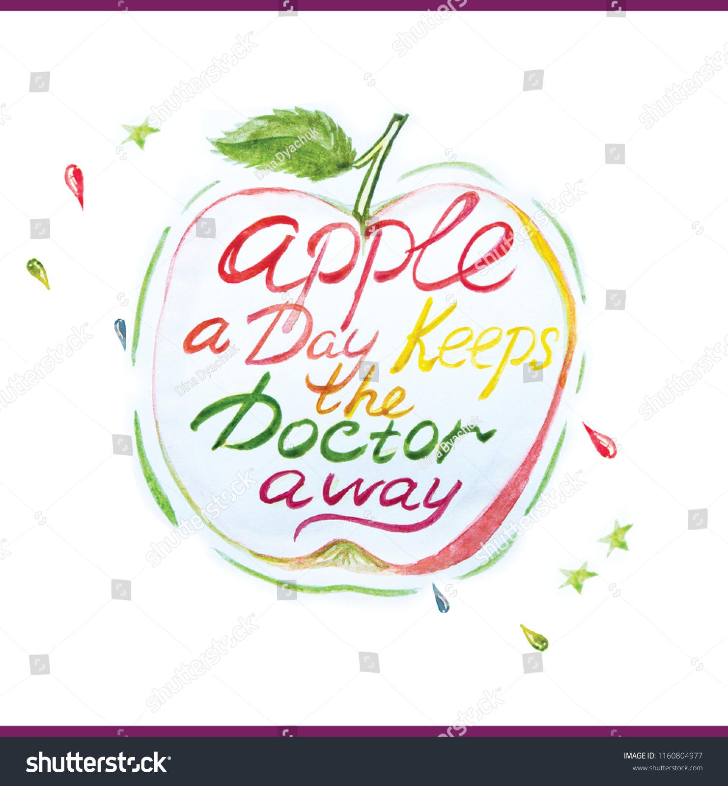 Figure slim fitness. Watercolor apple health intestines immunity. Good habit. Woman life. Apple a Day Keeps the Doctor away. Lettering #1160804977