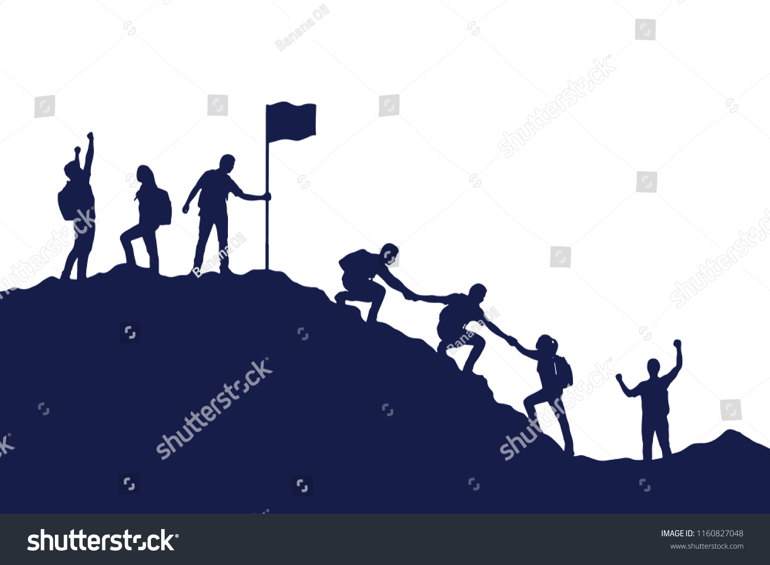 Silhouette group of people helping each other hike up  a mountain on white background. Business, success, leadership, achievement and goal concept. Vector illustration. #1160827048